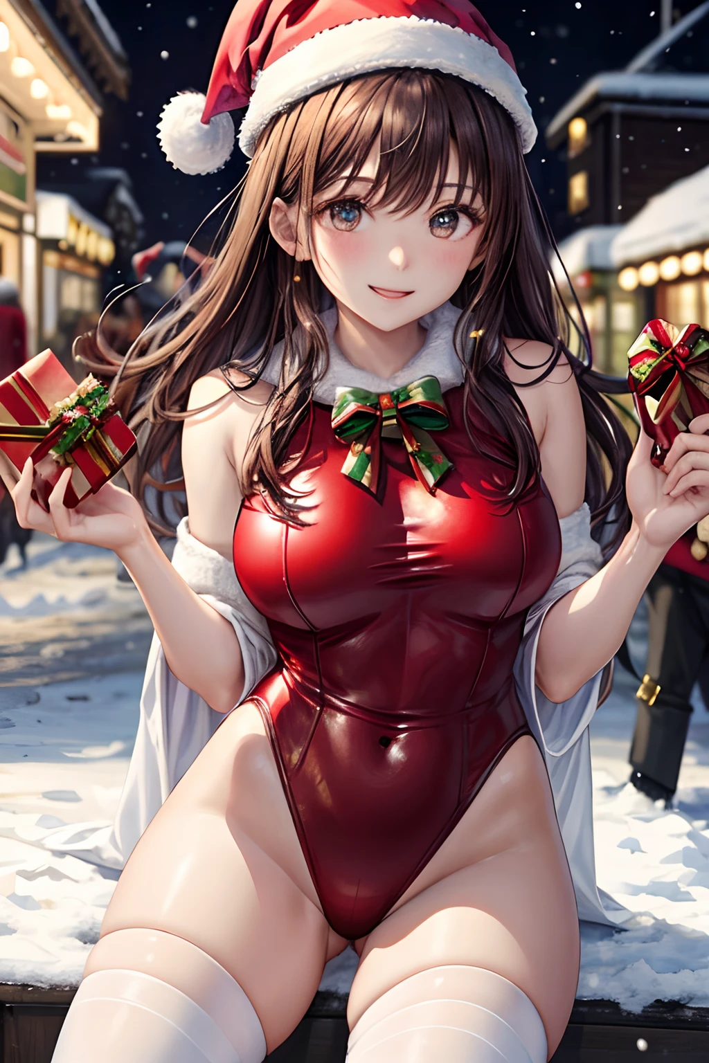 top-quality、Full limbs、complete fingers、Slender beauty、straight haired、Red hair、Beautiful Large Breasts、(Detailed ultra-oily shiny skin:1.1)、oily shiny thighhigh、(Perfect bright red Santa Claus leotard:1.3)、((White High Socks))、Wearing a Santa Claus hat、((Wearing a Santa Manto))、Beautiful、A smile、Winter cityscape、shopping street、It's snowing、white Christmas、Christmas cakes are sold in stores