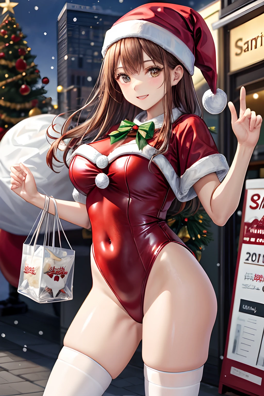 top-quality、Full limbs、complete fingers、Slender beauty、straight haired、Red hair、Beautiful Large Breasts、(Detailed ultra-oily shiny skin:1.1)、oily shiny thighhigh、(Perfect bright red Santa Claus leotard:1.3)、((White High Socks))、Wearing a Santa Claus hat、((Wearing a Santa Manto))、Beautiful、A smile、Winter cityscape、shopping street、It's snowing、white Christmas、Christmas cakes are sold in stores