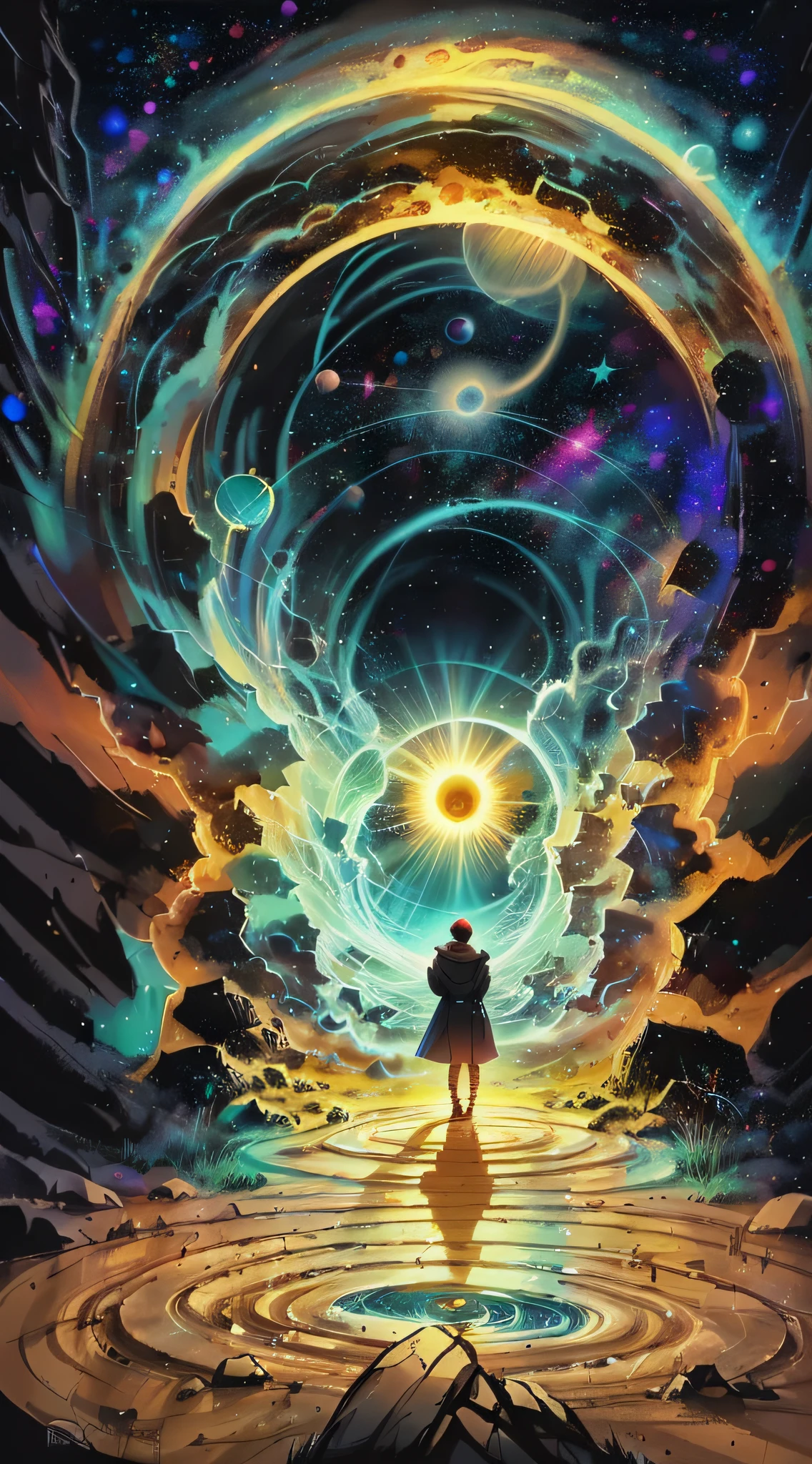 person, standing in front of a space portal overlooking the sun, cyril rolando and goro fujita, gateway to another universe, Inspired by Cyril Rolando, gateway to another dimension, world, visible only through the portal, High quality fantasy stock photo, portal to another world, portal to outer space, In the style of Cyril Rolando, Looking into space, Universe, Magical Galactic Portal, The Cycle of the Stars, God