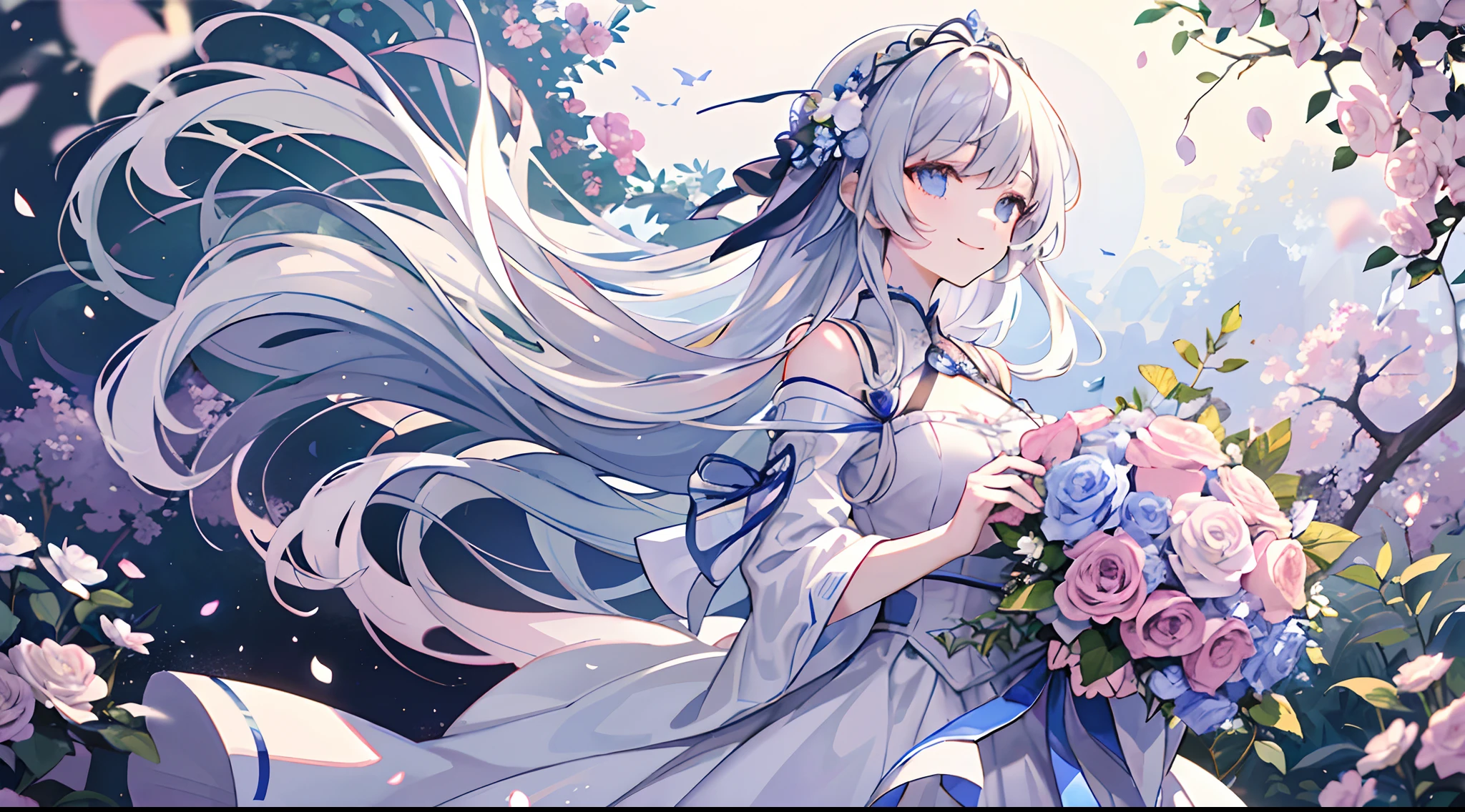 (tmasterpiece、top-quality、illustratio、Extremely high quality、high-level image quality、Extremely sensitive writing)Girl with long silver hair standing in beautiful flowery garden、A slight smile、She has a large bouquet、Cute national costume style dress,There are ruffles on the shoulders、Hair fluttering in the wind