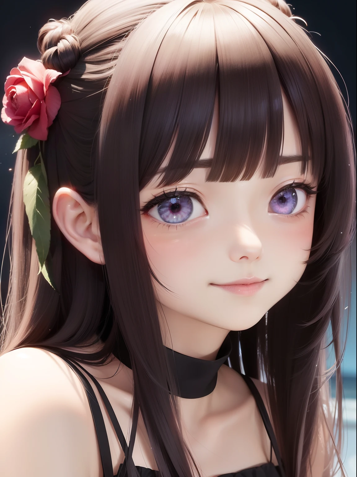 Close up of rosy smile with open mouth、(realisitic、hight resolution)、(1 girl in)、Do-Up Eye、Korean Girl、(Best Quality), (masutepiece), (1girl in), Solo, a beauty girl, Perfect face,dreamlikeart、Highly detailed airbrush art((Surreal))、Volumetric lighting、(top-quality)、The ultra-detailliert、(The composition of the movement:1.4)、Highly detailed colorful details、(Bright lighting)、dynamic compositions、Ray traching、The mirror reflects light、Shallow depth of field、ultra-detailliert、mixing exposure、nffsw、Her eyes are rosy、Staring at the rose-colored sea。Her rosy face is、Full of adventure anticipation and courage.、A smile appears on her rosy lips。 At the rear、The sun is slowly tilting to the west。Its light brings rosy light to the surface of the sea、The swaying waves create a beautiful scene。Her eyes are clearly rosy。A lot of roses, Blunt Bangs, purple eyes, long dark blue hair