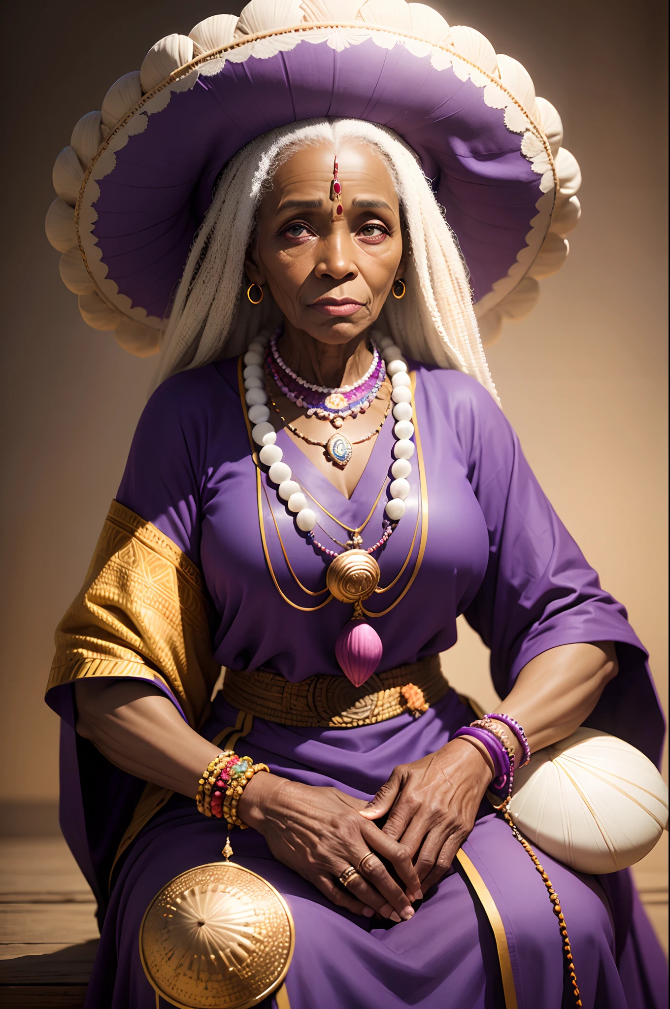 Create an ultra realistic image of the orisha of the African religion "Nanan Buruque". An elderly black woman, wearing purple clothes and a shell necklace. completely white background.