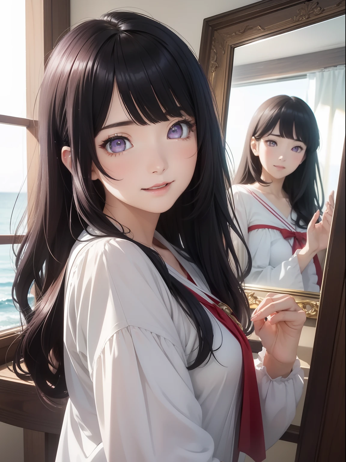 Close up of rosy smile with open mouth、(realisitic、hight resolution)、(1 girl in)、Do-Up Eye、Korean Girl、(Best Quality), (masutepiece), (1girl in), Solo, a beauty girl, Perfect face,dreamlikeart、Highly detailed airbrush art((Surreal))、Volumetric lighting、(top-quality)、The ultra-detailliert、(The composition of the movement:1.4)、Highly detailed colorful details、(Bright lighting)、dynamic compositions、Ray traching、The mirror reflects light、Shallow depth of field、ultra-detailliert、mixing exposure、nffsw、Her eyes are rosy、Staring at the rose-colored sea。Her rosy face is、Full of adventure anticipation and courage.、A smile appears on her rosy lips。 At the rear、The sun is slowly tilting to the west。Its light brings rosy light to the surface of the sea、The swaying waves create a beautiful scene。Her eyes are clearly rosy。A lot of roses, Blunt Bangs, purple eyes, long dark blue hair