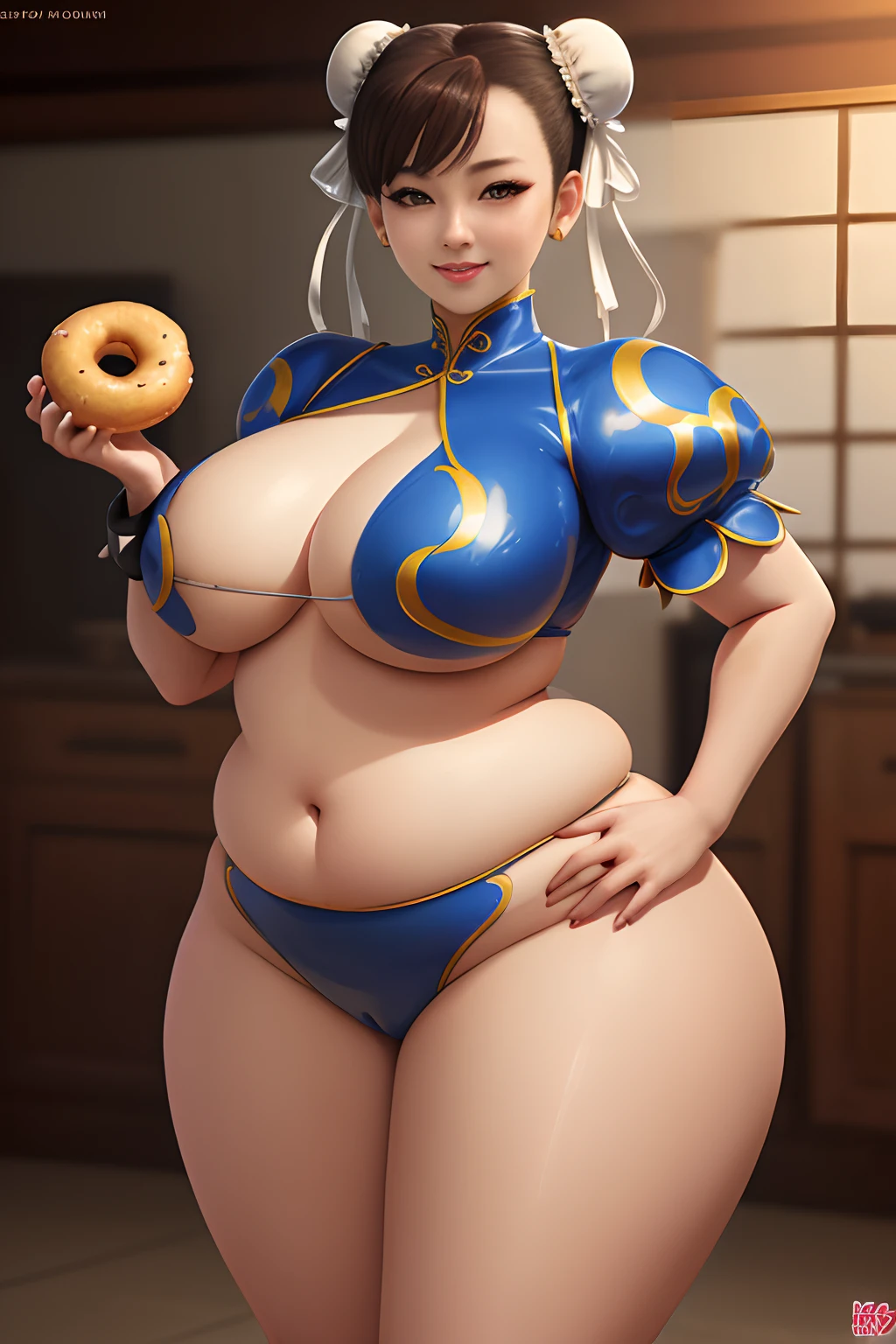 masterpiece, best quality, photorealistic, small smile, solo, (detailed eyes:0.9), Chun Li, eating donuts, pleasure, cute beautiful face, very chubby, soft, curvy, very plump, fat rolls, chubby belly, belly rolls, love handles, muffin top, sexy, tight latex, thunder thighs, got fat, fatty