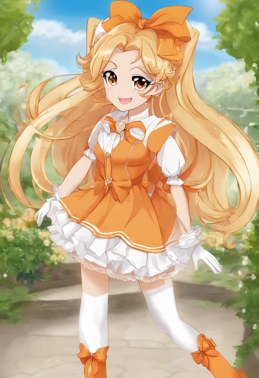 Orange “pretty cure “charecter, pretty, in a “pretty cure” anime style wearing an outfit like the orange pretty cure anime protagonists wearing two long orange flowy ponytails, hair color orange. Very pretty face, excited and eager looking. Wearing not a lot of makeup. Orange poofy upper sleeve that goes into a long white one, wearing white gloves with a feather like pattern on the edge. A gold bracket around the glove. Wearing a flowy bottom that’s flowy on the sides but not on the front, with a white shirt skirt wearing long white thigh high socks, with an orange bow on the chest of the orange dress. She looks very happy and excited