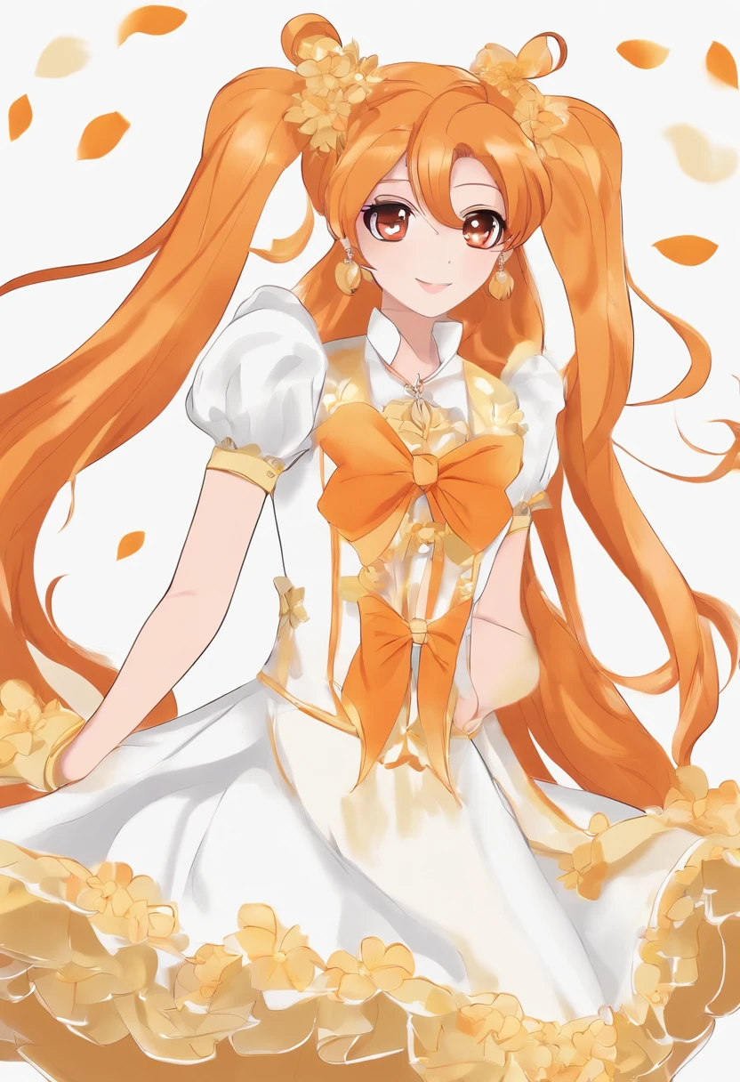 Orange “pretty cure “charecter, pretty, in a “pretty cure” anime style wearing an outfit like the orange pretty cure anime protagonists wearing two long orange flowy ponytails, hair color orange. Very pretty face, excited and eager looking. Wearing not a lot of makeup. Orange poofy upper sleeve that goes into a long white one, wearing white gloves with a feather like pattern on the edge. A gold bracket around the glove. Wearing a flowy bottom that’s flowy on the sides but not on the front, with a white shirt skirt wearing long white thigh high socks, with an orange bow on the chest of the orange dress. She looks very happy and excited