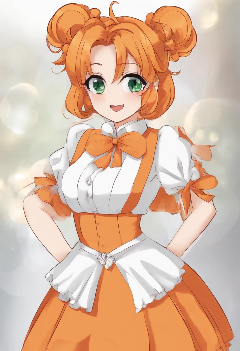 Orange “pretty cure “charecter, pretty, in a “pretty cure” anime style wearing an outfit like the orange pretty cure anime protagonists wearing two long orange flowy ponytails, hair color orange. Very pretty face, excited and eager looking. Wearing not a lot of makeup. Orange poofy upper sleeve that goes into a long white one, wearing white gloves with a feather like pattern on the edge. A gold bracket around the glove. Wearing a flowy bottom that’s flowy on the sides but not on the front, with a white shirt skirt wearing long white thigh high socks, with an orange bow on the chest of the orange dress. She looks very happy and excited