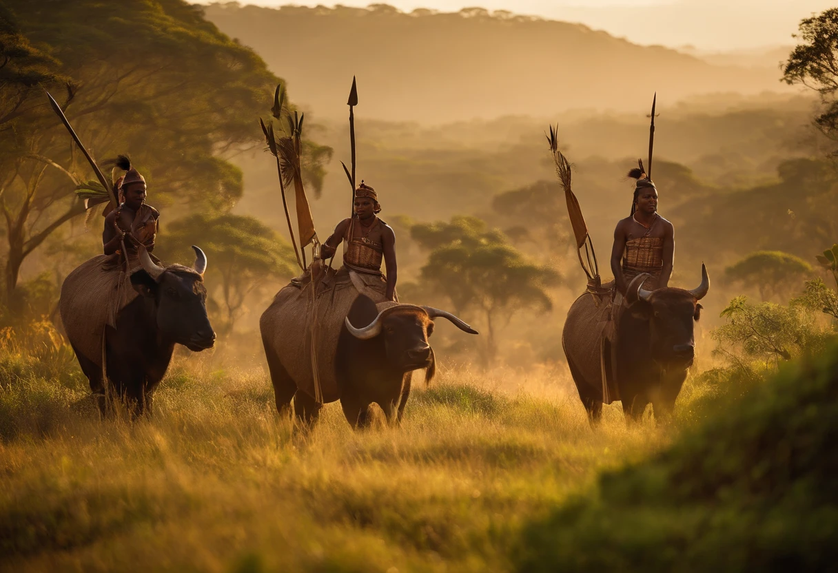 Imagine a striking scene where the Bara warriors, guerrier Malgache dans la brousses de Madagascar. En tenue Tribal malgache,Des gueriers fiers et forts, reviennent victorieux d'une bataille avec un village voisin. Certains portent des lances, symboles de leur bravoure au combat, tandis que d'autres tiennent des fusils artisanaux, a representation of their adaptation to changing times. At the heart of this scene, les guerriers Bara captifs du village ennemi sont clairement mis en avant. They are tied up, marquant leur statut de prisonniers de guerre. Their faces express resignation, frustration and helplessness in the face of their situation. The Bara warriors demonstrate their triumph by exhibiting these defeated captives. The stage is animated by an intense energy. sunlight, symbolisant la victoire, casts striking shadows on this scene, adding to the intensity of the moment