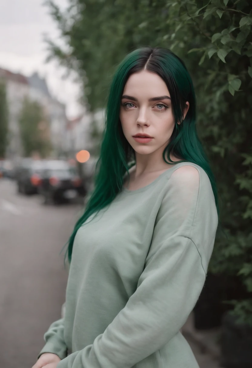 Beautiful girl looks like Billie Eilish, sexy Figur, sexy Pose, Hot clothes, green and black hair, beauty face, in city