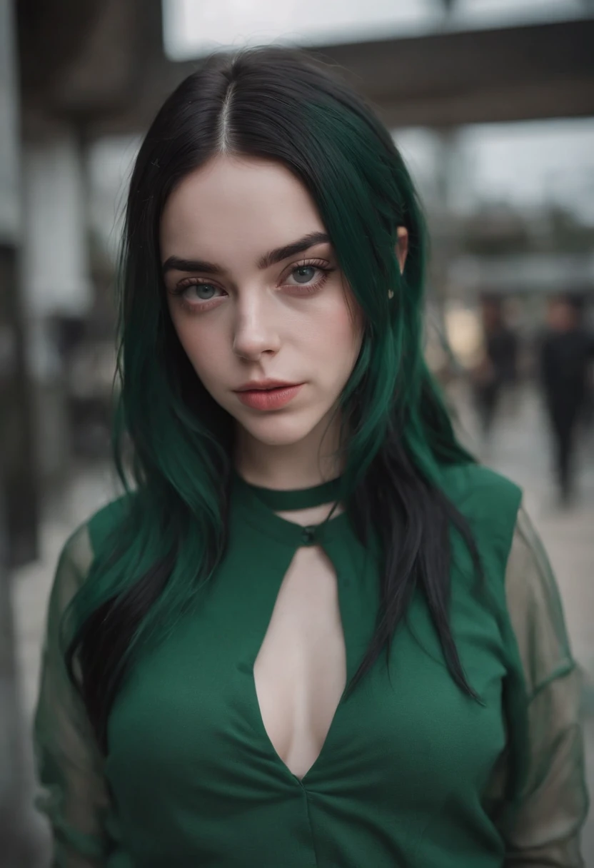 Beautiful girl looks like Billie Eilish, sexy Figur, sexy Pose, Hot clothes, green and black hair, beauty face, in city