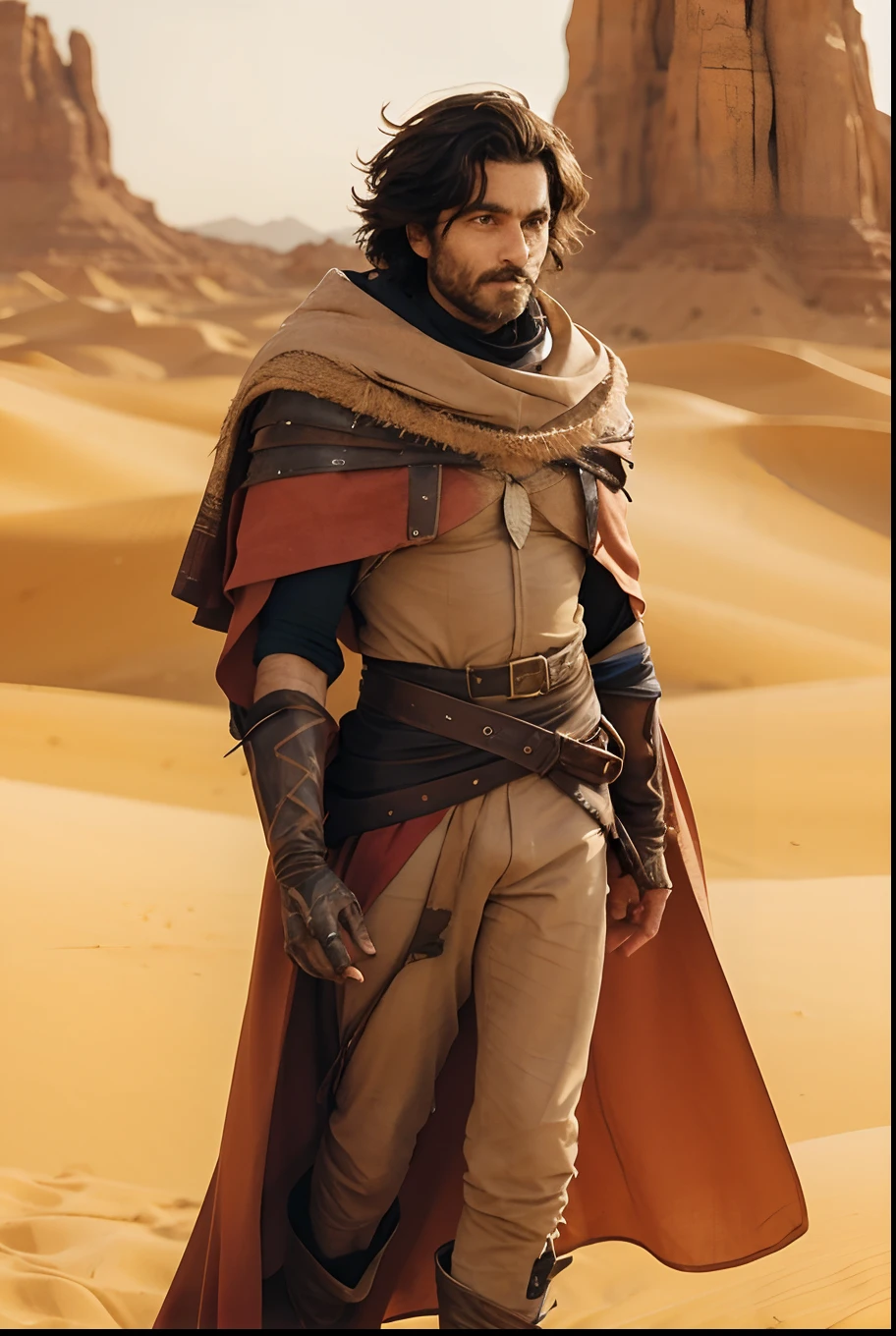 A man in the desert in a cloak and cape