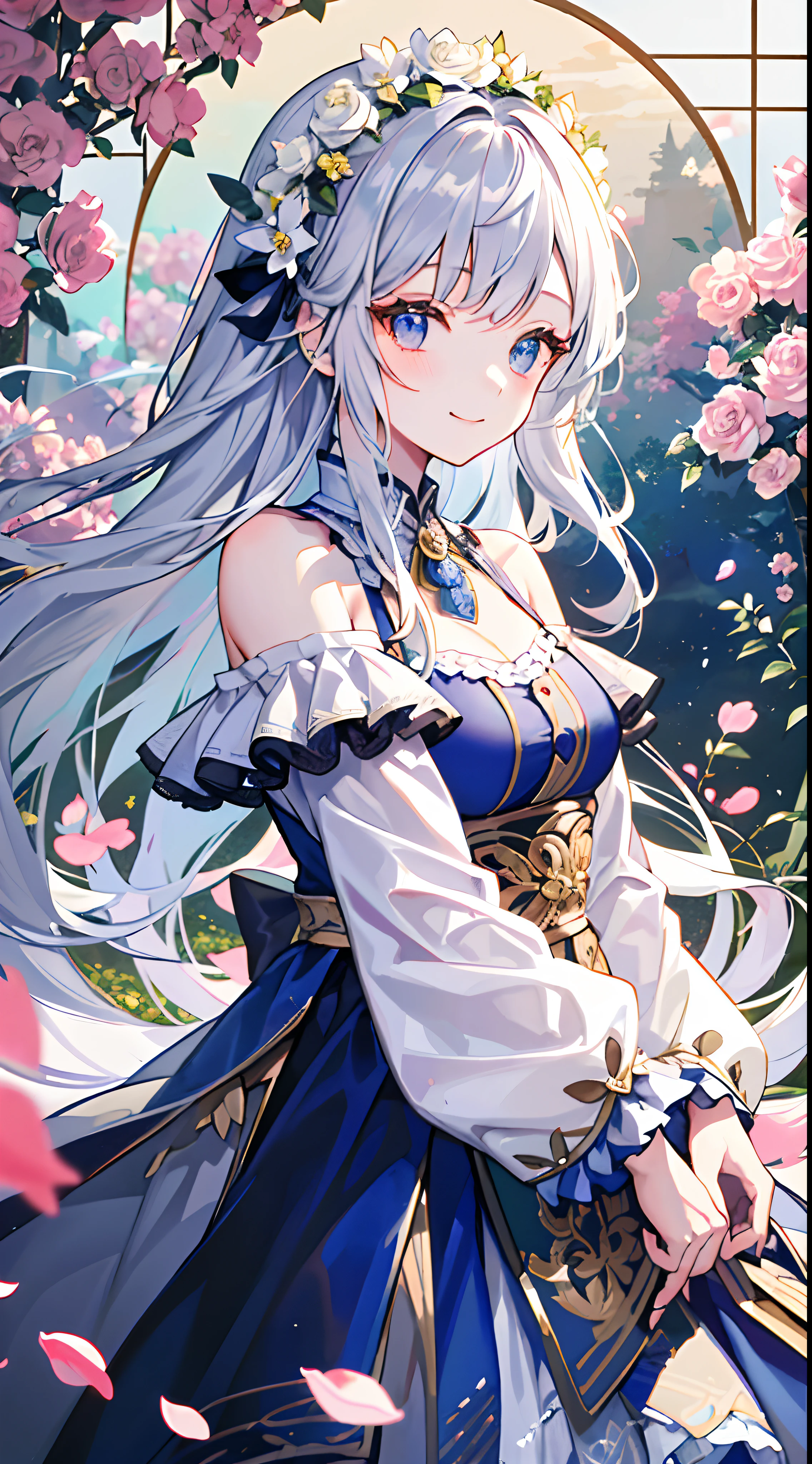 (tmasterpiece、top-quality、illustratio、Extremely high quality、high-level image quality、Extremely sensitive writing)Girl with long silver hair standing in beautiful flowery garden、A slight smile、She has a large bouquet、Cute national costume style dress，There are ruffles on the shoulders、Hair fluttering in the wind