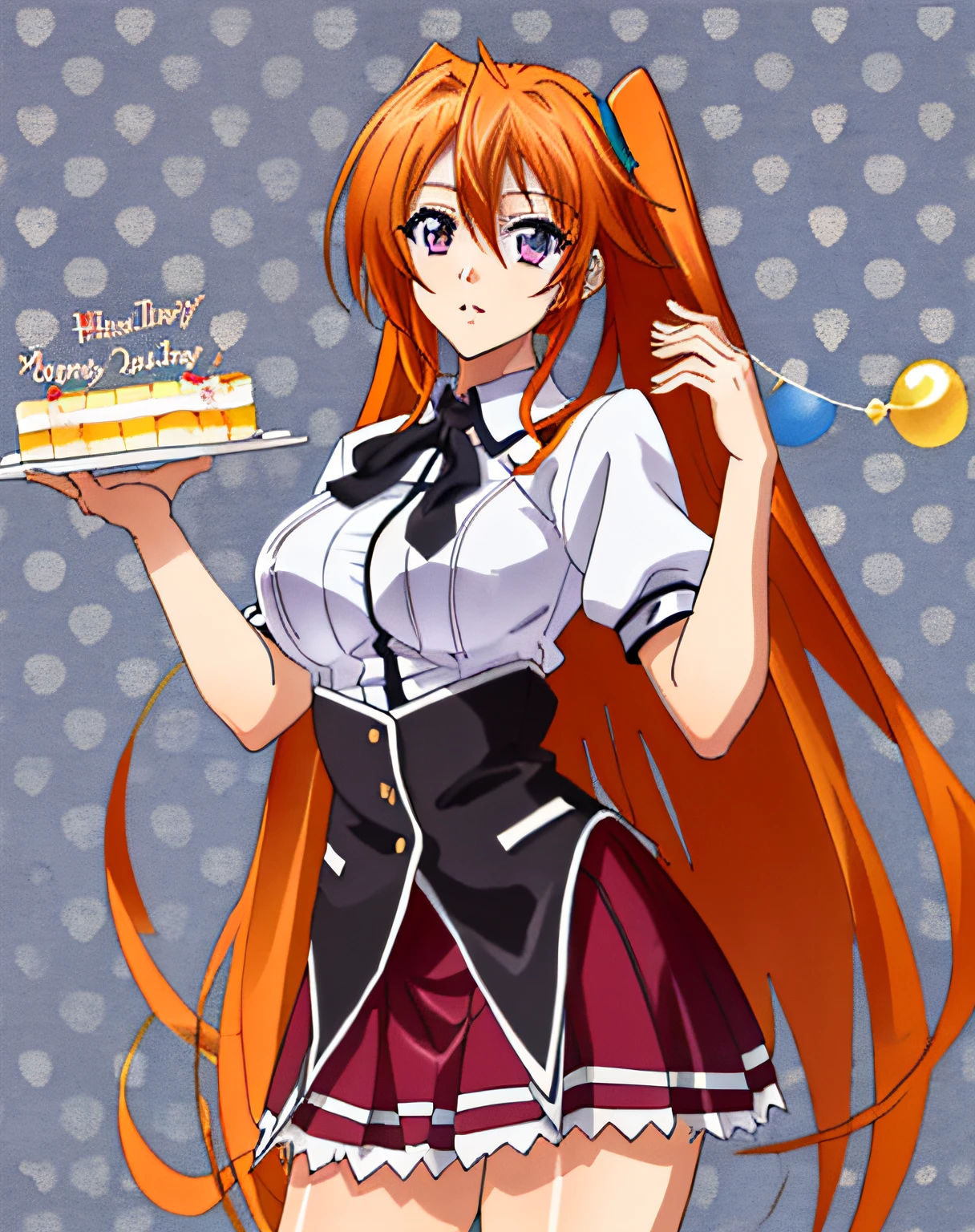 masterpiece, best quality, ultra-detailed, hires, beautiful, detailed hair and eyes,
1girl, purple eyes, Irina Shidou dxd, orange hair, long hair, medium breasts,school uniform, skirt, purple skirt, (dxd clothes:1.4), school yard background,standing with birthday cake, (((Party background:1.2))