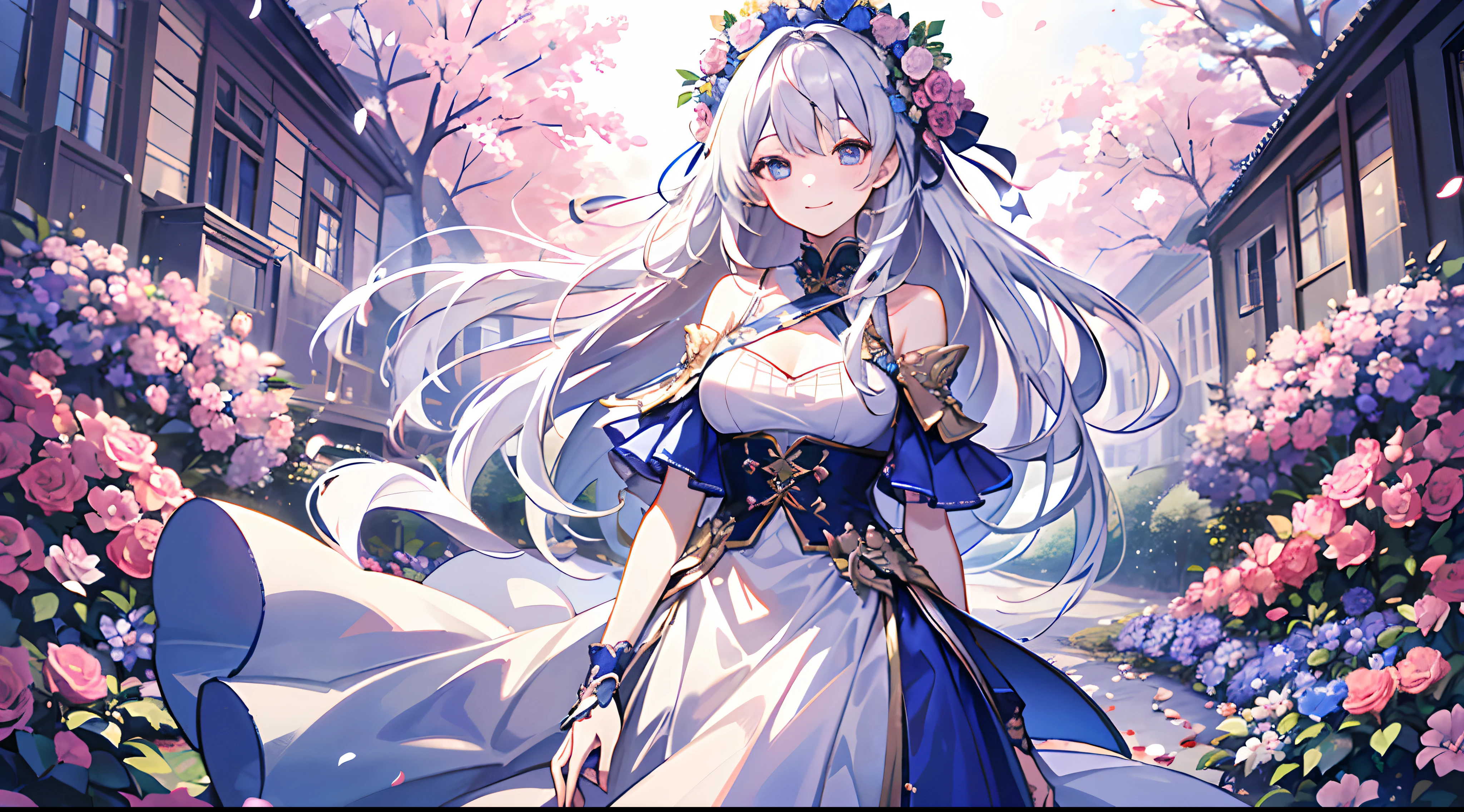 (tmasterpiece、top-quality、illustratio、Extremely high quality、high-level image quality、Extremely sensitive writing)Girl with long silver hair standing in beautiful flowery garden、A slight smile、She has a large bouquet、Cute national costume style dress，There are ruffles on the shoulders、Hair fluttering in the wind