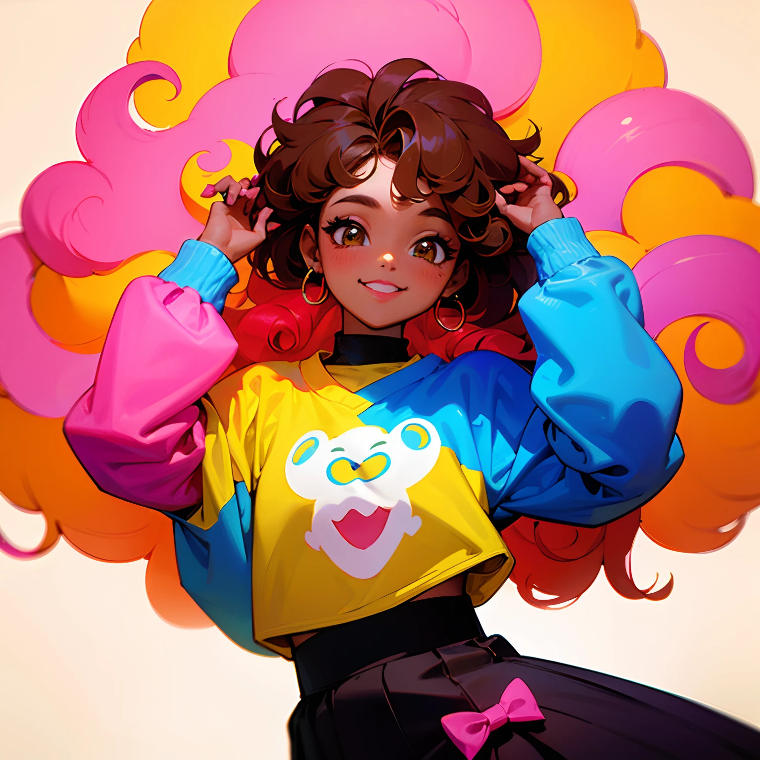 K-pop inspired fancy and cute video scene with c ute black dark tan brown skin woman aesthetic in cute clothes long curly hair bubble gum pink cute outfits angelic girl, colorful hair, curly hair, anime style, digital art, happy, eyes lightly closed, hands up, light pink sweatshirt with Neymar Jr print, dark skin female, vibrant colors, soft lighting