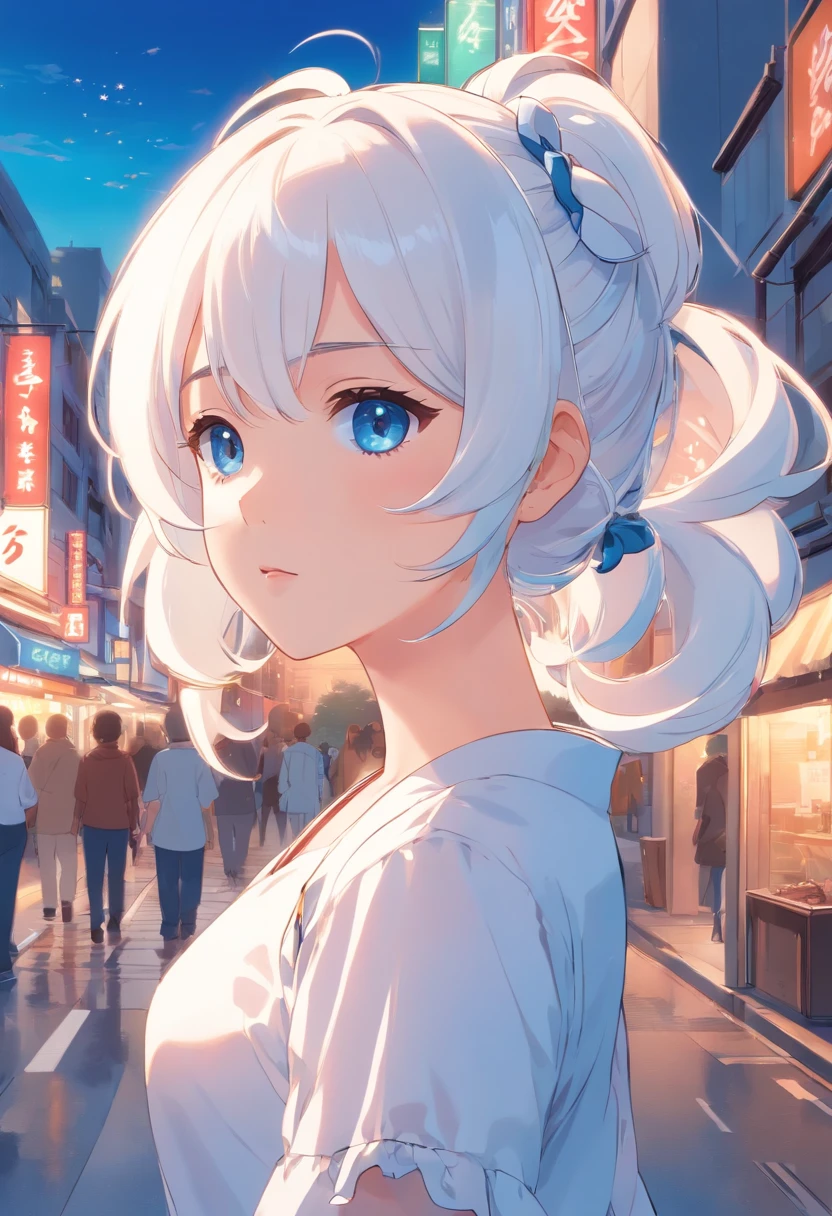White color hair,Double ponytail curls,blue color eyes,White Lolita,Beth,A bustling city street