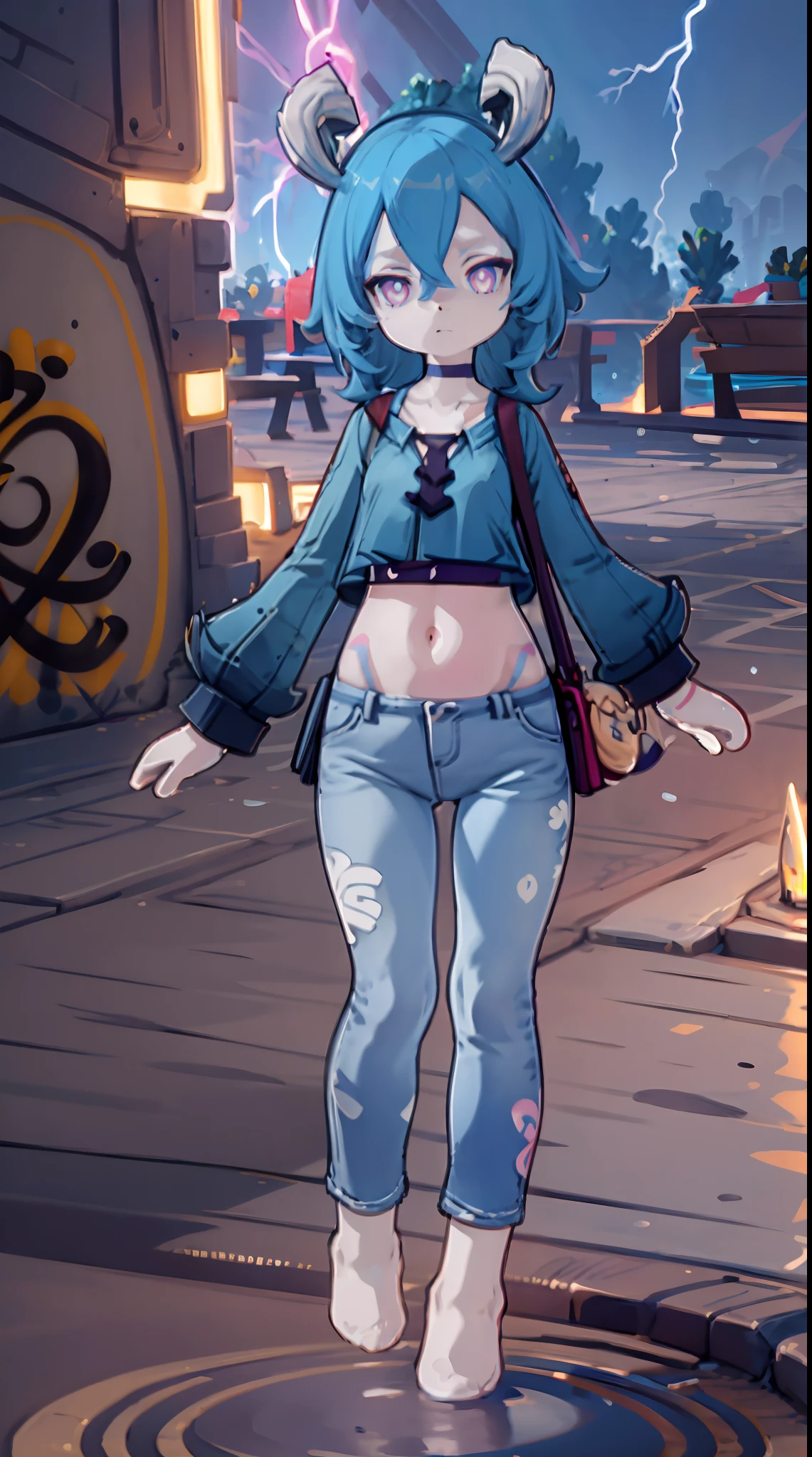 Melousine | genshin impact, master-piece, bestquality, 1girls,25 years old, proportional body, elongated legs, proportional., crop top, Long Jeans, mediuml breasts, ,bara, crop top, choker, (Graffiti:1.5), Splash with purple lightning pattern., arm behind back, against wall, View viewers from the front., Thigh strap, Head tilt, bored, 10, 10, HD,