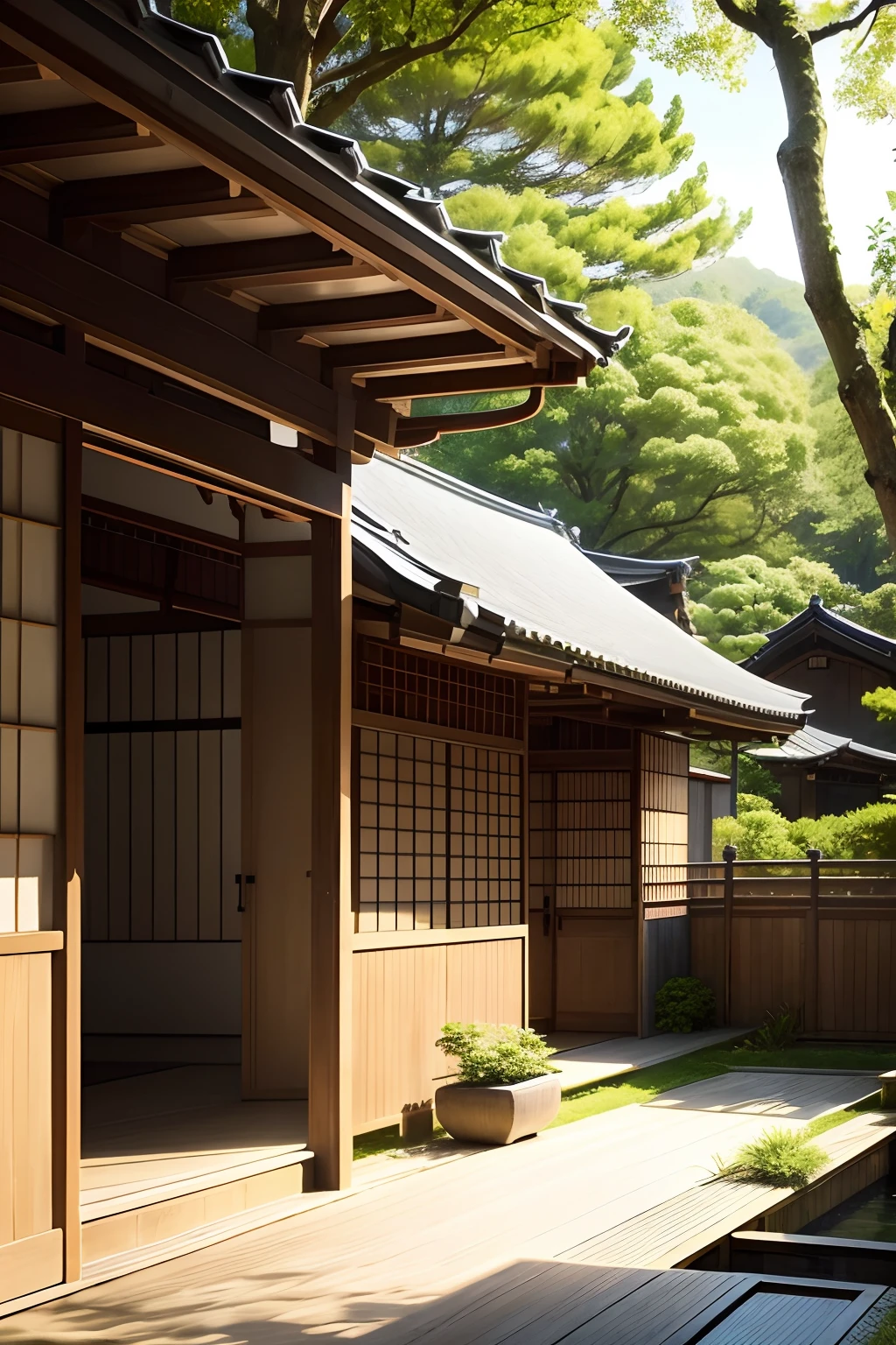 beautiful kimono,hanging clothesline,backyard,Japanese house,traditional,serene,peaceful,floral pattern,delicate fabric,soft colors,subtle textures,detailed folds,rustling fabric,gentle breeze,sunlight filtering through the trees,tranquil atmosphere,meticulous craftsmanship,cultural heritage,simple elegance,authenticity,blurring the line between indoors and outdoors,in harmony with nature