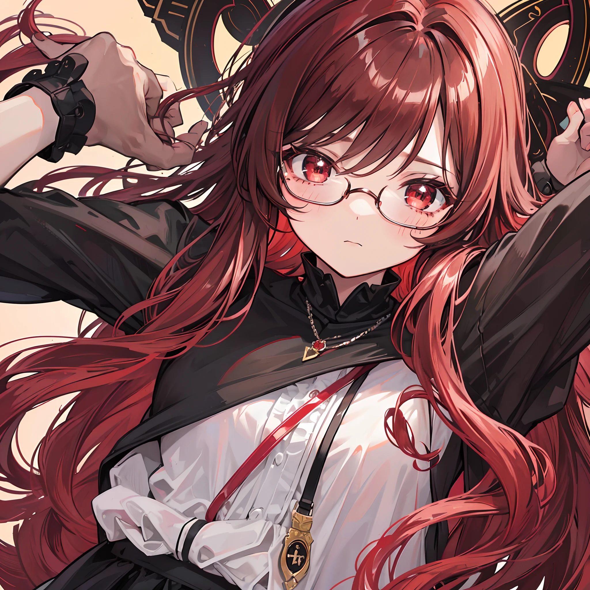 Reddish brown braided hair,With thick black-framed glasses,The eyes are very affectionate,With a cute black ring necklace,Lolita clothes in brown and red colors,The face is shiny and super tender,is a petite cute little sweet girl
