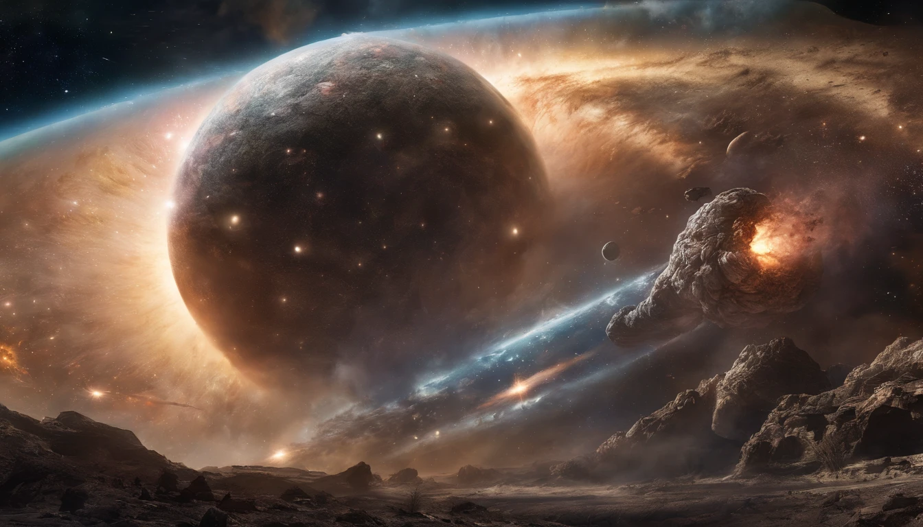 Cosmic titan emerging from nebulae in outer space and rising above the horizon, (melhor qualidade, alta resolução, master part:1.2), ultra-detalhado, fotorrealista:1.37, surreal, cores vibrantes, etherial lighting, Energia Celestial, majestic presence, Aura sobrenatural, Spinning cosmic dust, great show.