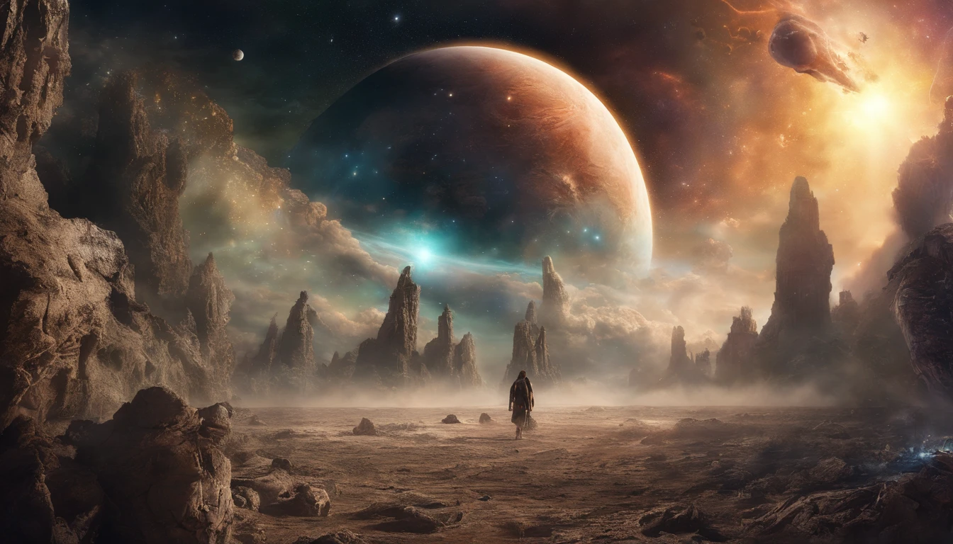 Cosmic titan emerging from nebulae in outer space and rising above the horizon, (melhor qualidade, alta resolução, master part:1.2), ultra-detalhado, fotorrealista:1.37, surreal, cores vibrantes, etherial lighting, Energia Celestial, majestic presence, Aura sobrenatural, Spinning cosmic dust, great show.