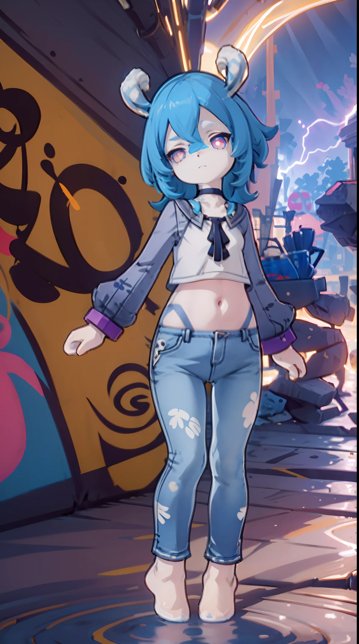 Melousine | genshin impact, master-piece, bestquality, 1girls,25 years old, proportional body, elongated legs, proportional., crop top, Long Jeans, mediuml breasts, ,bara, crop top, choker, (Graffiti:1.5), Splash with purple lightning pattern., arm behind back, against wall, View viewers from the front., Thigh strap, Head tilt, bored,