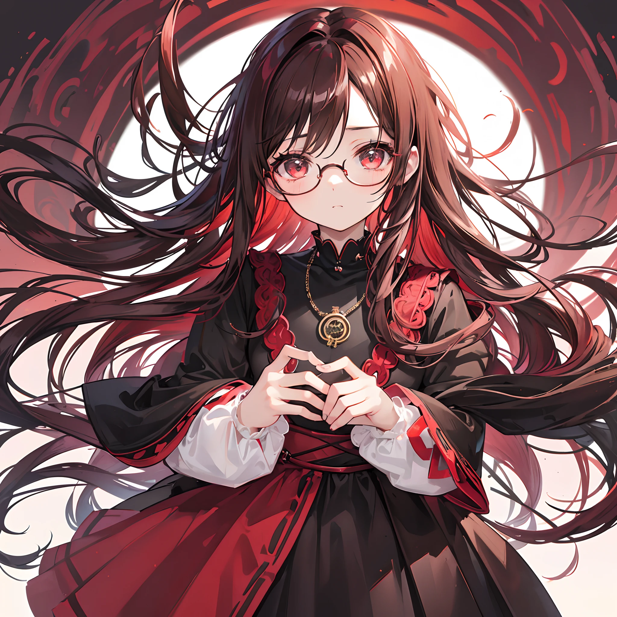 Reddish brown braided hair，With thick black-framed glasses，The eyes are very affectionate，With a cute black ring necklace，Lolita clothes in brown and red colors，The face is shiny and super tender，is a petite cute little sweet girl