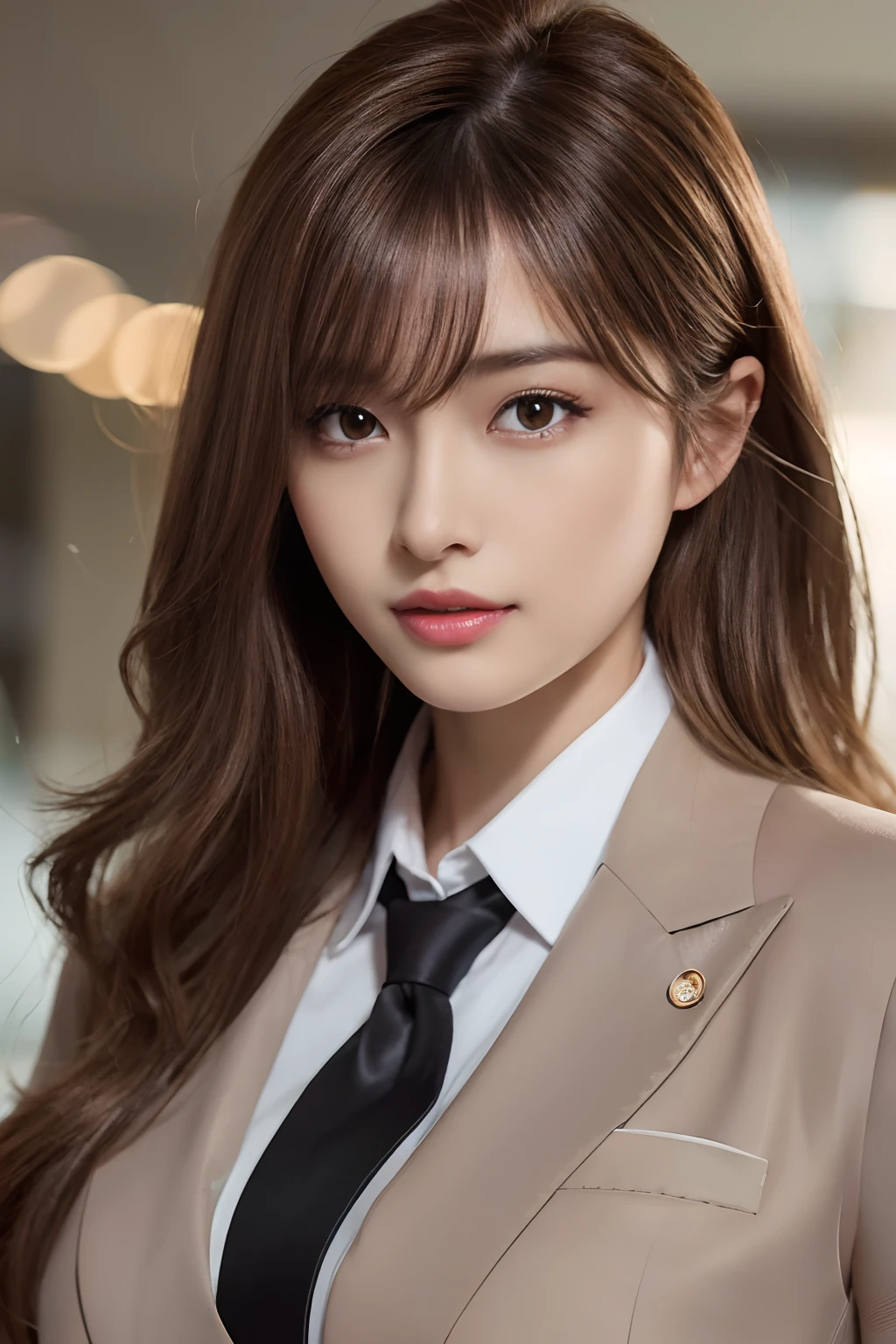 masutepiece, Best Quality, Photorealistic, Ultra-detailed, finely detail, High resolution, 8K Wallpaper, 1 beautiful woman,, light brown messy hair, in a business suit, foco nítido, Perfect dynamic composition, Beautiful detailed eyes, detailed hairs, Detailed realistic skin texture, Smiling, Close-up portrait, Model body type