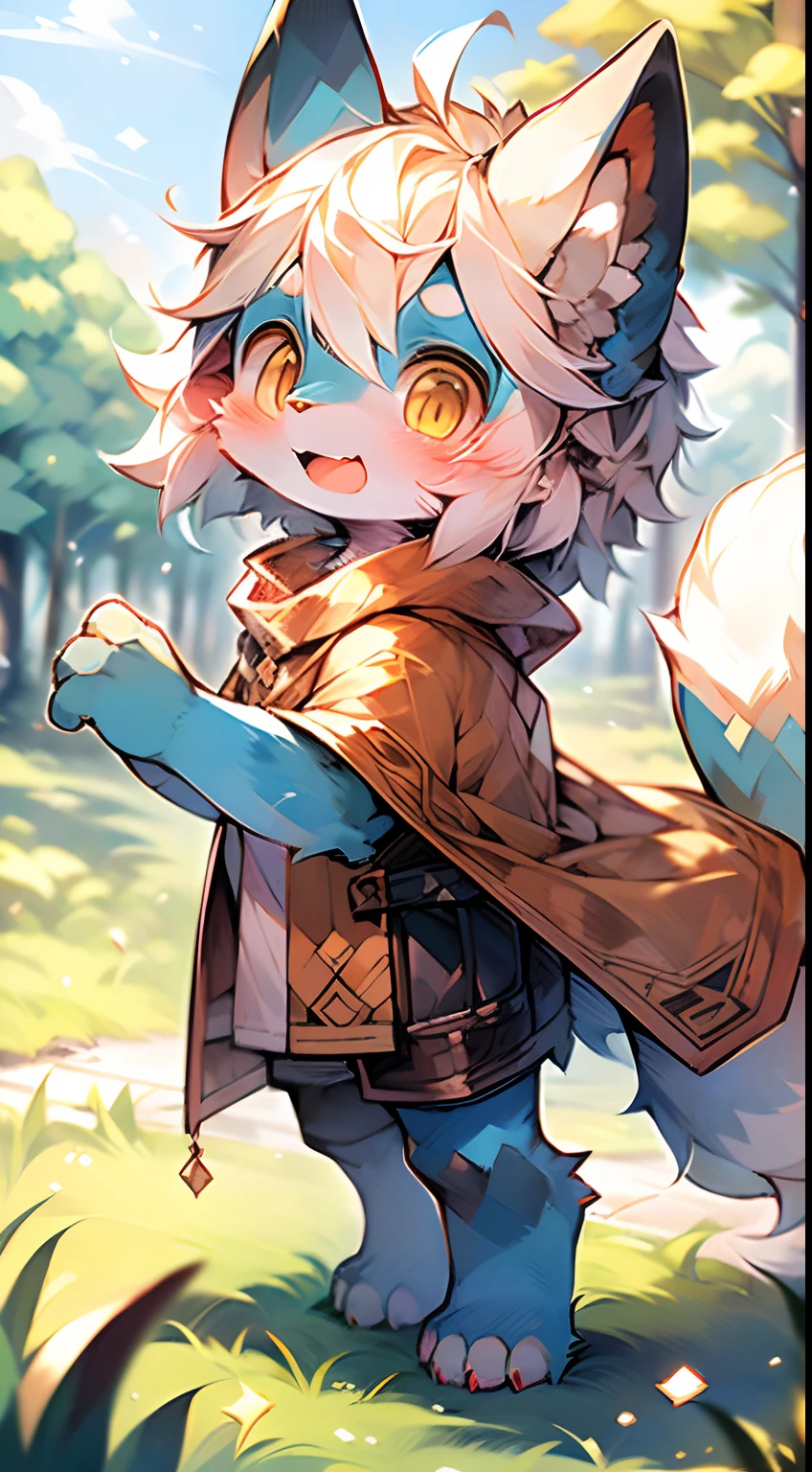 (Bright environment:0.8),Masterpiece,High quality,abstract res,Digital painting\(artwork of a\), by Dagasi,cuihongshi, Yupa,Kiyosan,(anthro,Fluffy fur,Character focus:1.1),anthro male cat,Short hair,Portrait , eyes with brightness, in a panoramic view, Character focus.(detailedbackground:0.7), shaggy, shaggy male, malefocus, anthr,(Full Body Furry, Fluffy tail, Light blue fur, White belly,Yellow eyes, White color hair:1.2), (long canines、Yellow cape、perspire、drools:1.2),(outside、At noon、grassy fields、on a grassy field:1.1)