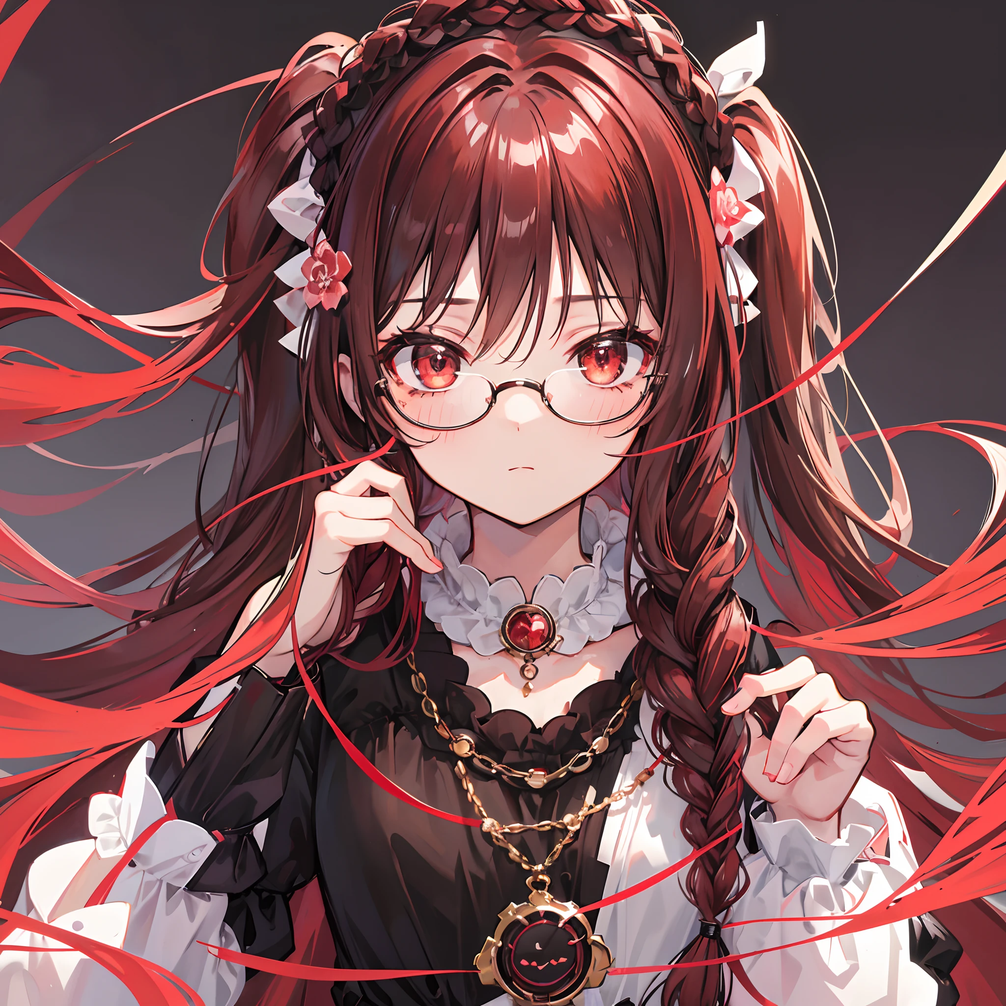 Reddish brown braided hair，With thick black-framed glasses，The eyes are very affectionate，With a cute black ring necklace，Lolita clothes in brown and red colors，The face is shiny and super tender，is a petite cute little sweet girl