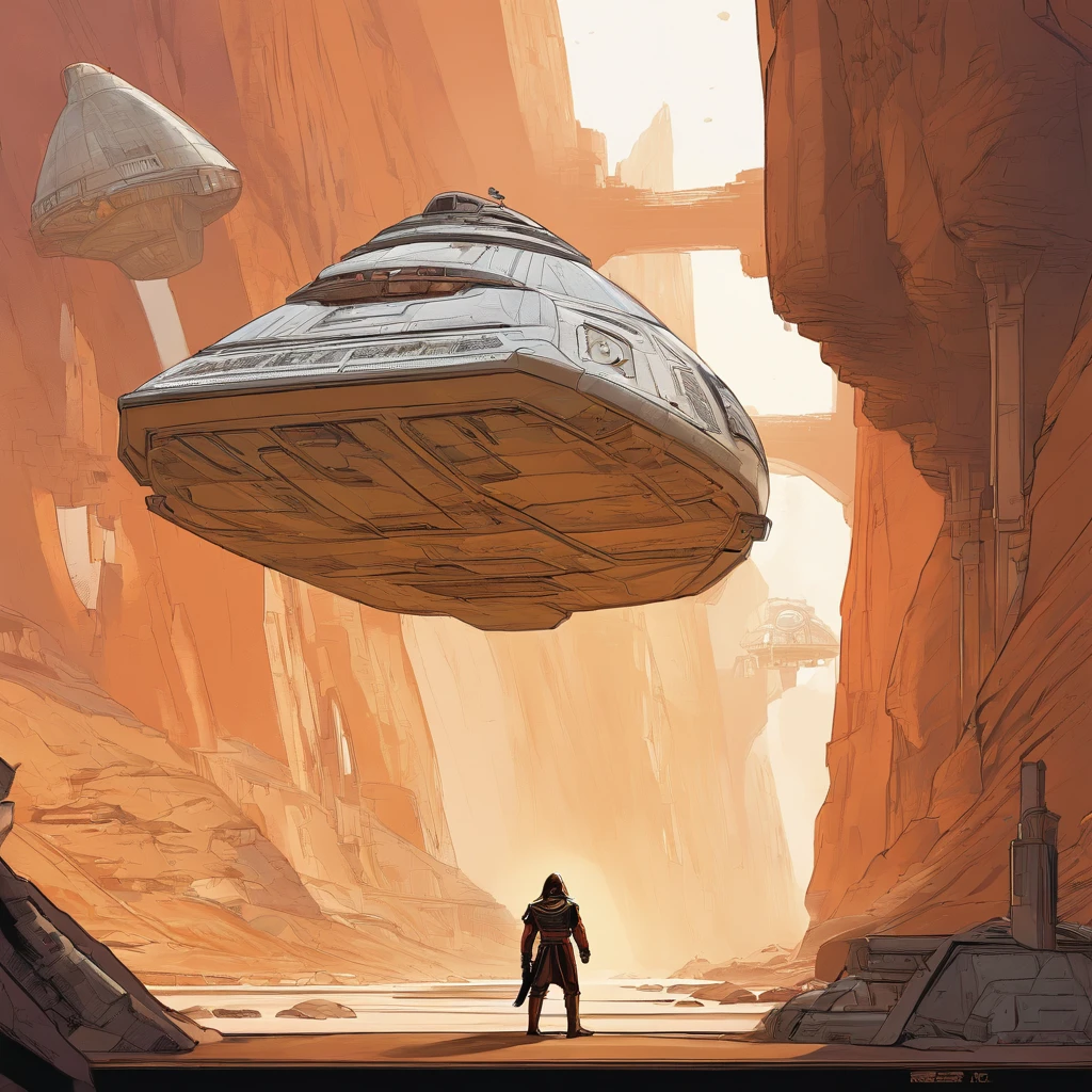 ""Star Wars"", a space ship, One man, Standing in front of the tunnel, concept art by Magalie Villeneuve, trending on cg society, antipodeans, reimagined by industrial light and magic, filmstill ""Star Wars"": The Old Republic", concept art by Ralph McQuarrie