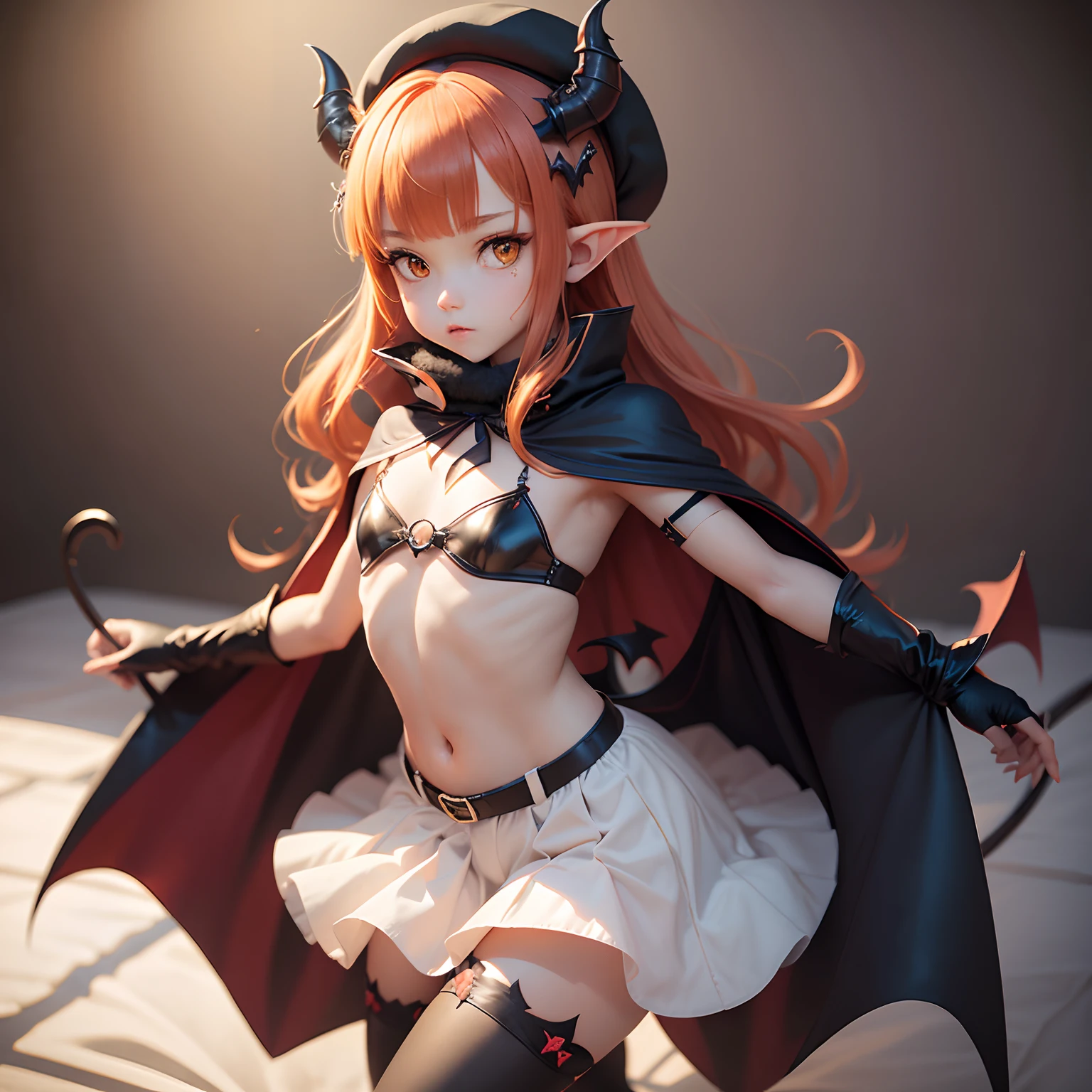 masutepiece, Best Quality, 1girl in, Solo, Yellow eyes, Red hair, tiny chest, Demon Girl, demon tail, Demon Wings, small demonic horns, pointy ear, (tiny chest), (flat chest),  Twin-tailed, Bat hair ornament, Cape, White shirt, White legwear, stuffed toy, plushies, beret, gloves, Bangs, hat