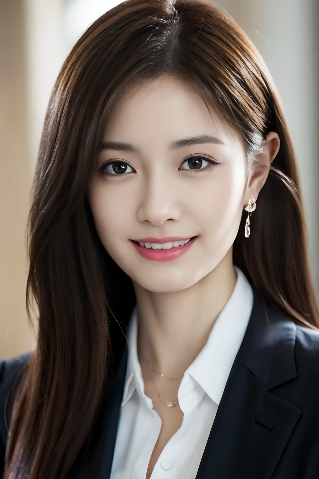 masutepiece, Best Quality, Photorealistic, Ultra-detailed, finely detail, High resolution, 8K Wallpaper, 1 beautiful woman,, light brown messy hair, in a business suit, foco nítido, Perfect dynamic composition, Beautiful detailed eyes, detailed hairs, Detailed realistic skin texture, Smiling, Close-up portrait, Model body type