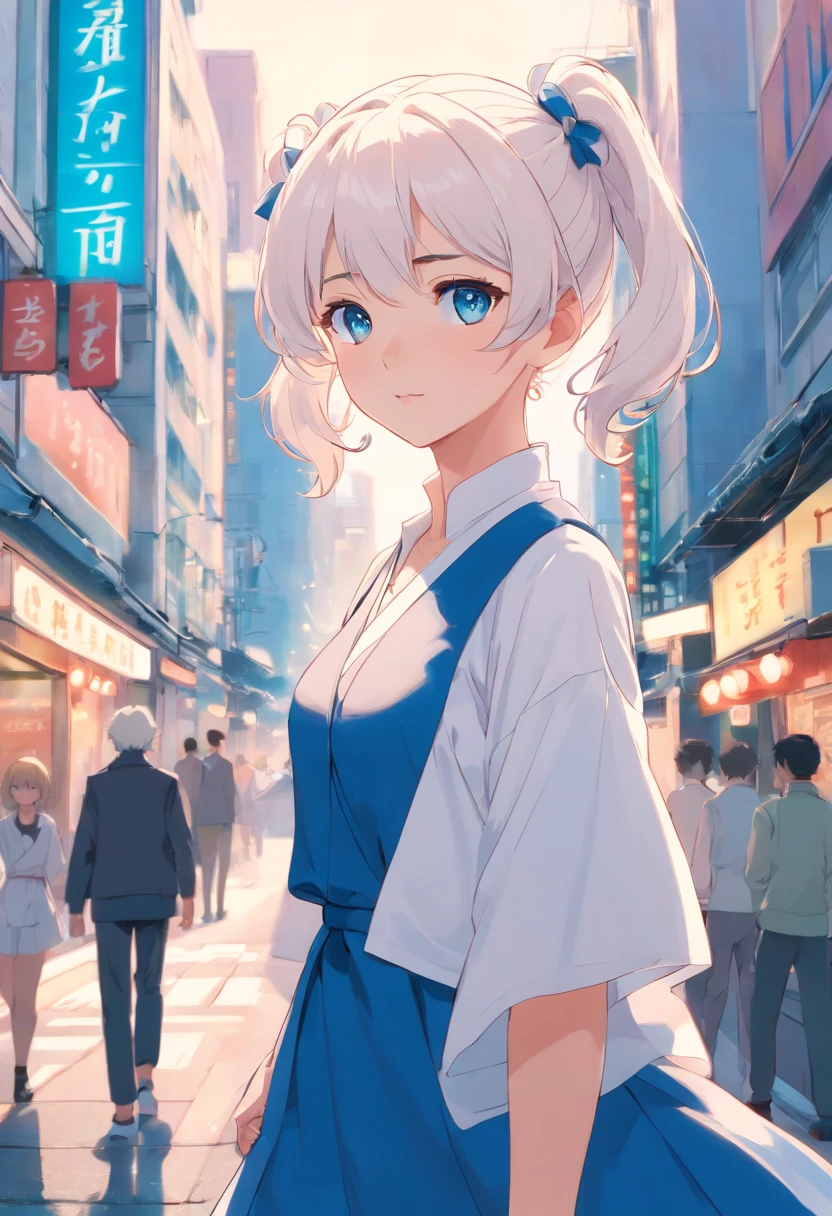 White color hair，Double ponytail curls，blue color eyes，White Lolita，Beth，A bustling city street