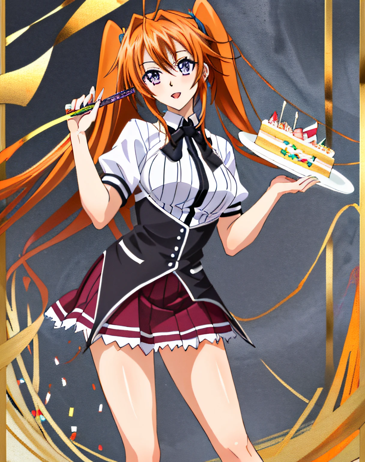 masterpiece, best quality, ultra-detailed, hires, beautiful, detailed hair and eyes,
1girl, purple eyes, Irina Shidou dxd, orange hair, long hair, medium breasts,school uniform, skirt, purple skirt, (dxd clothes:1.4),standing with birthday cake, (((Party background:1.2))