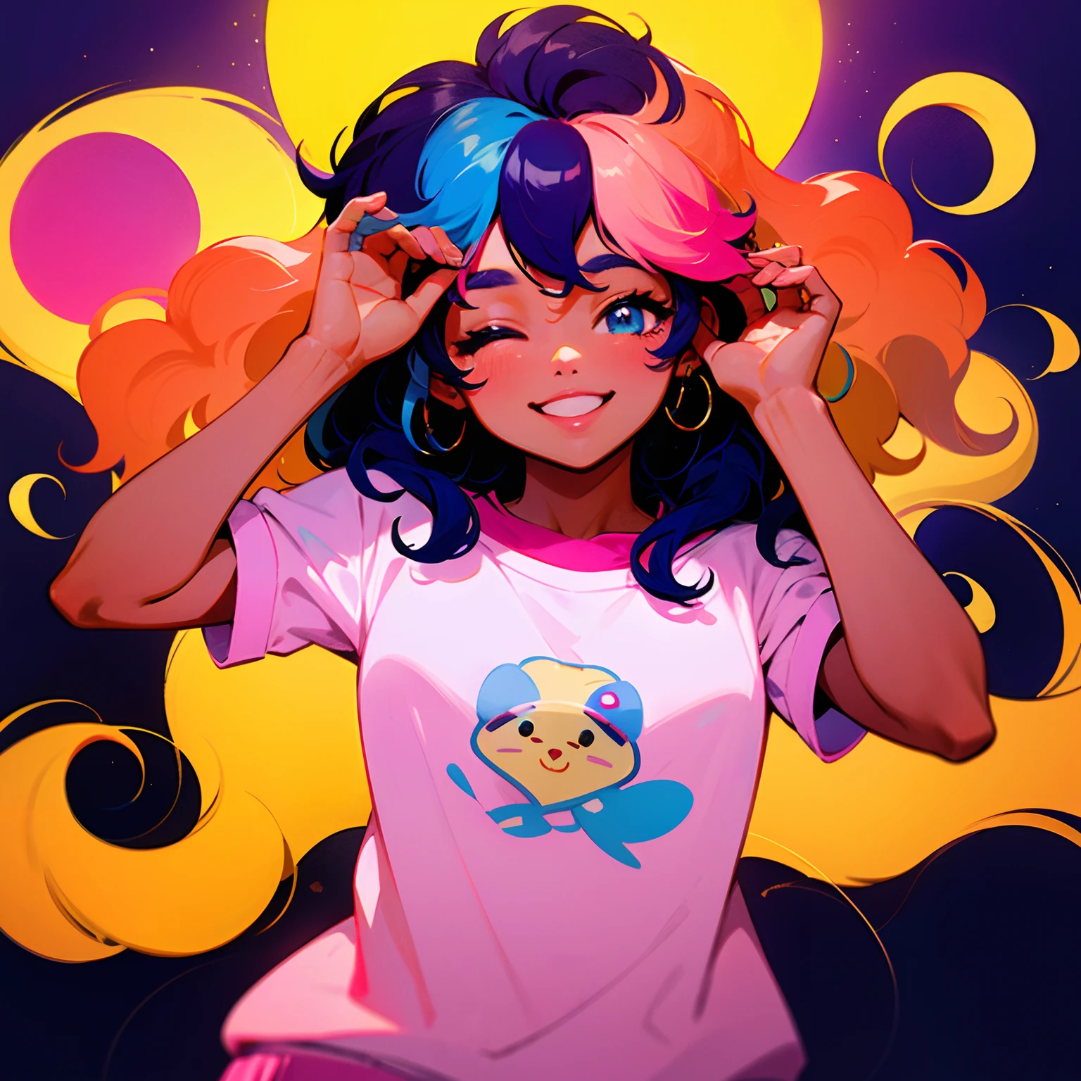 girl, colorful hair, wavy hair, anime style, digital art, happy, eyes lightly closed, hands up, light pink sweatshirt with Neymar Jr print, dark skin female, vibrant colors, soft lighting
