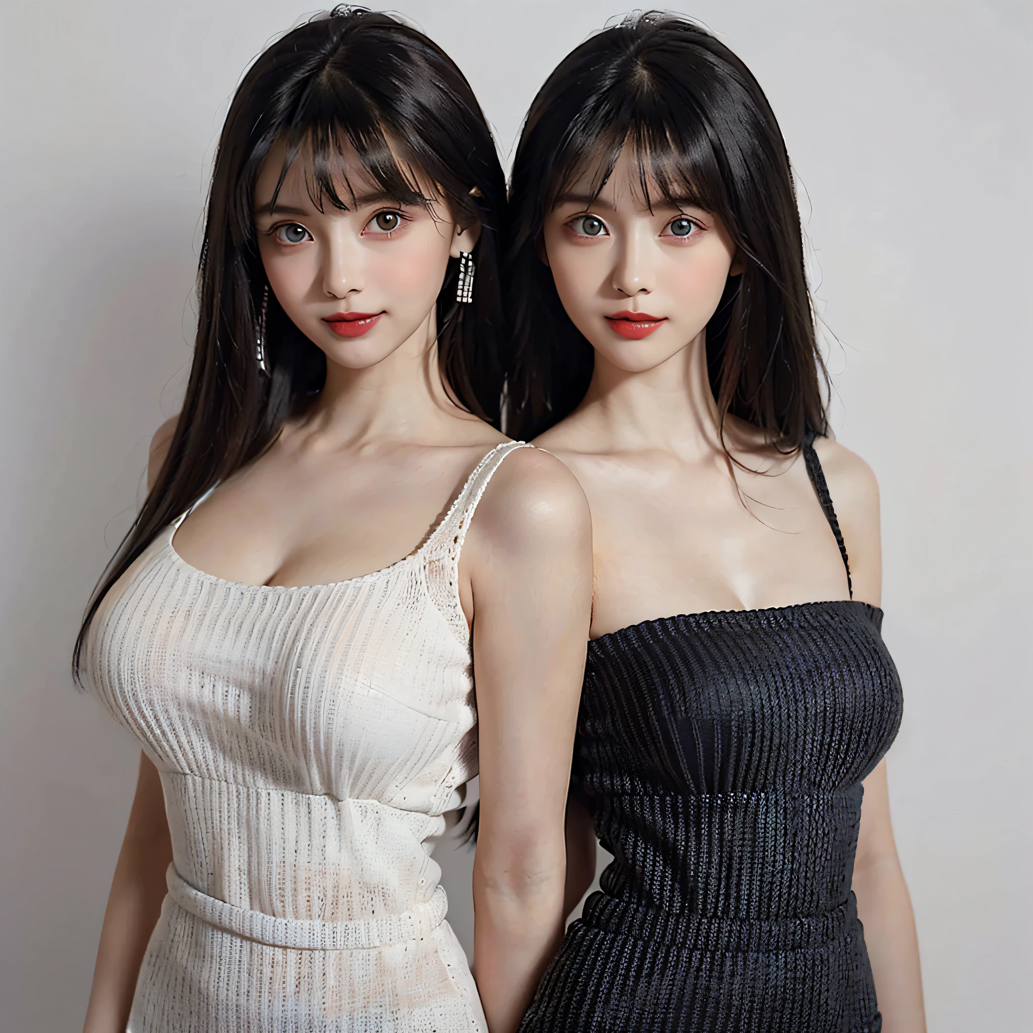 (Two kawaii girl, Two Women, Duo, They are back to back, ((Same Height)):1.4), (Friendly, Calm and Gentle Smile:1.4), ((Very Beautiful Women in their late 20s)), BREAK (Perfect beauty, (Very Porcelain Skin, Very Fair Skin, Fine and Beautiful Skin:1.5), (Faces with random and very beautiful details, Fine face, Symmetrical beautiful face, symmetrical beautiful eyes, Fine Eyes Detail), ((Large almond eyes1.3), (Hyper Detail Eyes:1.4)), On focus eyes, (Thin Lips, Crimson Red Color Lipstick:1.2), BREAK (7 Head-toll, (sloped shoulder, narrow shoulders, thin upper chest, Thin under the chest, thin waist)), ((Huge Breasts, Well-Shaped Breasts)), ((Random Length, Straight Hair, (Very Long Hair with Bangs))), (Exquisite beautiful facial features) BREAK (thom browne design Knit dress, Fabric is thin and Very See-through:1.4), BREAK ((White Color Simple Gradation Background)),