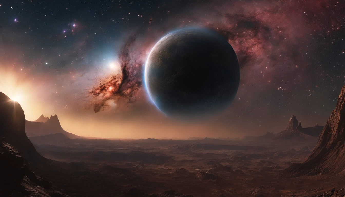 (best quality,4k,8k,highres,masterpiece:1.2),ultra-detailed,(realistic,photorealistic,photo-realistic:1.37),cosmic titan,emerges from nebulas in outer space,rising above the horizon,ethereal,huge and awe-inspiring cosmic creature,shimmering cosmic entity,nebula-infused titan,glowing with otherworldly energy,cosmic power radiating from its body,bathed in celestial light,dark and mysterious universe,stars twinkle in the background,cosmic dust particles swirling around,colors of the nebula creating a mesmerizing spectacle,cosmic titan's presence fills the entire frame,far-off galaxies in the distance,galactic clouds form a majestic backdrop,spectacular cosmic display,celestial majesty engulfing the scene,interstellar creature outshining the stars,expansive cosmic vista,stunning intergalactic scene,deserted planet below the titan's feet,lost in the vastness of the cosmos,cosmic titan stands tall against the void,unearthly beauty of the cosmic entity,transporting viewers to another world,unleashing its cosmic might,the titan's gravitational pull felt even from afar,momentous cosmic event unfolding before us,infinite depths of space stretch out beyond