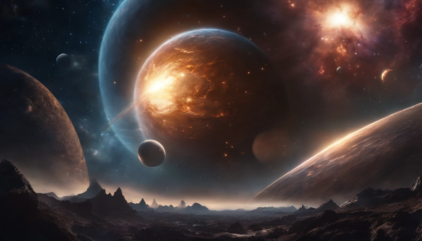 (best quality,4k,8k,highres,masterpiece:1.2),ultra-detailed,(realistic,photorealistic,photo-realistic:1.37),cosmic titan,emerges from nebulas in outer space,rising above the horizon,ethereal,huge and awe-inspiring cosmic creature,shimmering cosmic entity,nebula-infused titan,glowing with otherworldly energy,cosmic power radiating from its body,bathed in celestial light,dark and mysterious universe,stars twinkle in the background,cosmic dust particles swirling around,colors of the nebula creating a mesmerizing spectacle,cosmic titan's presence fills the entire frame,far-off galaxies in the distance,galactic clouds form a majestic backdrop,spectacular cosmic display,celestial majesty engulfing the scene,interstellar creature outshining the stars,expansive cosmic vista,stunning intergalactic scene,deserted planet below the titan's feet,lost in the vastness of the cosmos,cosmic titan stands tall against the void,unearthly beauty of the cosmic entity,transporting viewers to another world,unleashing its cosmic might,the titan's gravitational pull felt even from afar,momentous cosmic event unfolding before us,infinite depths of space stretch out beyond