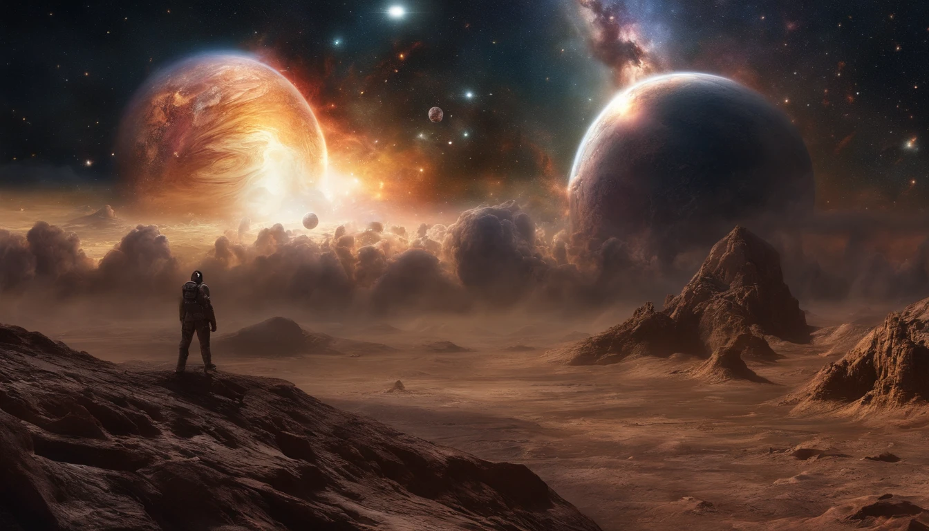 (best quality,4k,8k,highres,masterpiece:1.2),ultra-detailed,(realistic,photorealistic,photo-realistic:1.37),cosmic titan,emerges from nebulas in outer space,rising above the horizon,ethereal,huge and awe-inspiring cosmic creature,shimmering cosmic entity,nebula-infused titan,glowing with otherworldly energy,cosmic power radiating from its body,bathed in celestial light,dark and mysterious universe,stars twinkle in the background,cosmic dust particles swirling around,colors of the nebula creating a mesmerizing spectacle,cosmic titan's presence fills the entire frame,far-off galaxies in the distance,galactic clouds form a majestic backdrop,spectacular cosmic display,celestial majesty engulfing the scene,interstellar creature outshining the stars,expansive cosmic vista,stunning intergalactic scene,deserted planet below the titan's feet,lost in the vastness of the cosmos,cosmic titan stands tall against the void,unearthly beauty of the cosmic entity,transporting viewers to another world,unleashing its cosmic might,the titan's gravitational pull felt even from afar,momentous cosmic event unfolding before us,infinite depths of space stretch out beyond