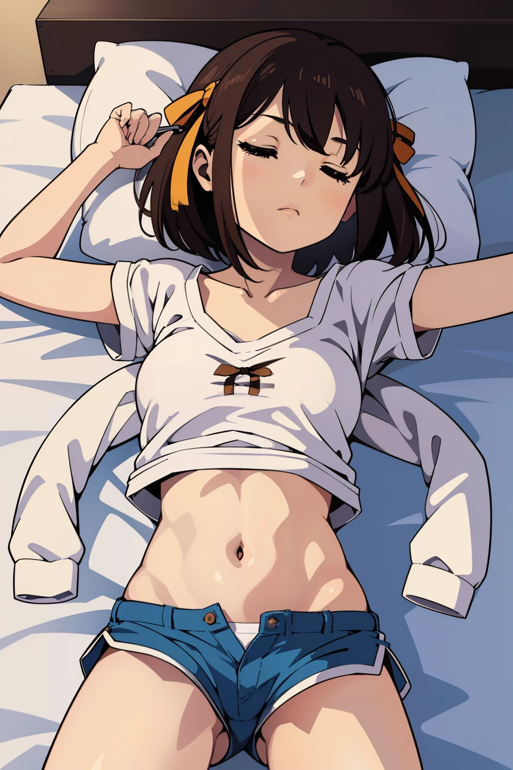 hight resolution、masterpiece、1girl in、Suzumiya Haruhi、Brown hair、Sleeping on your back in bed、s asleep、Eyes closed、a navel、s Pajamas、Loose shorts、white panties、A slender、skinny thigh、Short hair、Hair Ribbon、barechested