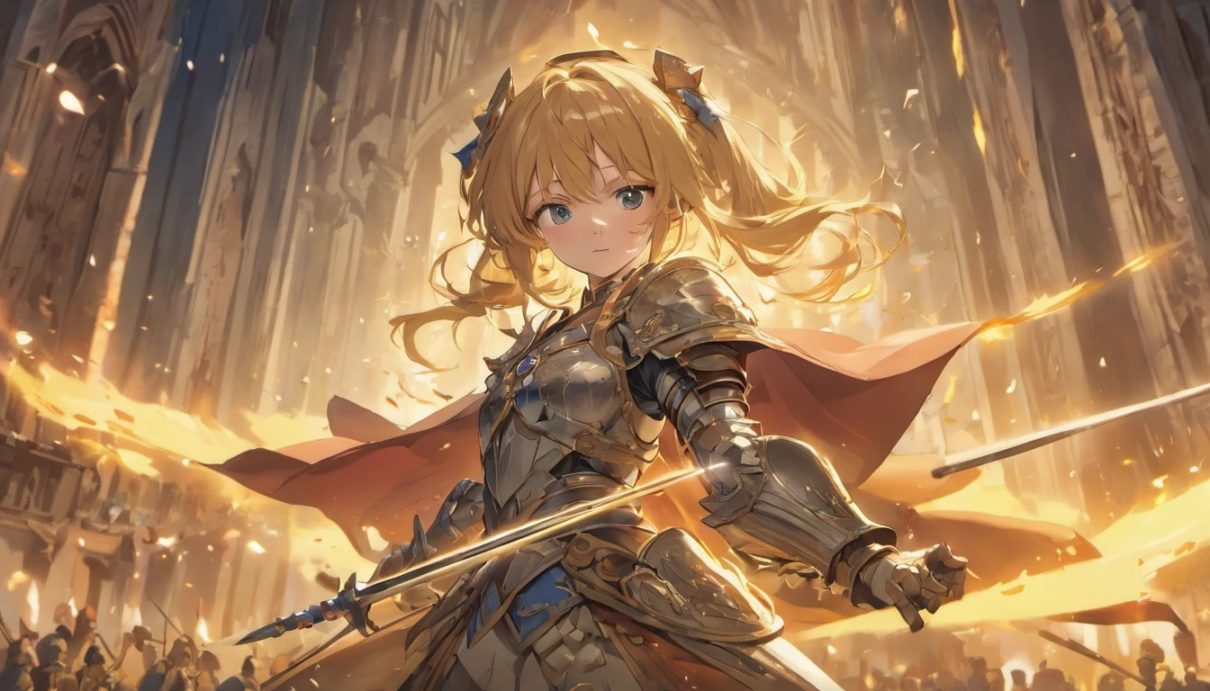 (best quality,4k,8k,highres,masterpiece:1.2),ultra-detailed,(realistic,photorealistic,photo-realistic:1.37),female knight,armor,shining sword,heroic pose,medieval setting,courageous expression,detailed facial features,strong build,elegant helmet,majestic cape,golden embellishments,vivid colors,dramatic lighting,warrior,defending a castle,brave knight on horseback,battle scene,castle in the background,strategically placed flags,honor,loyalty,valor,heroism