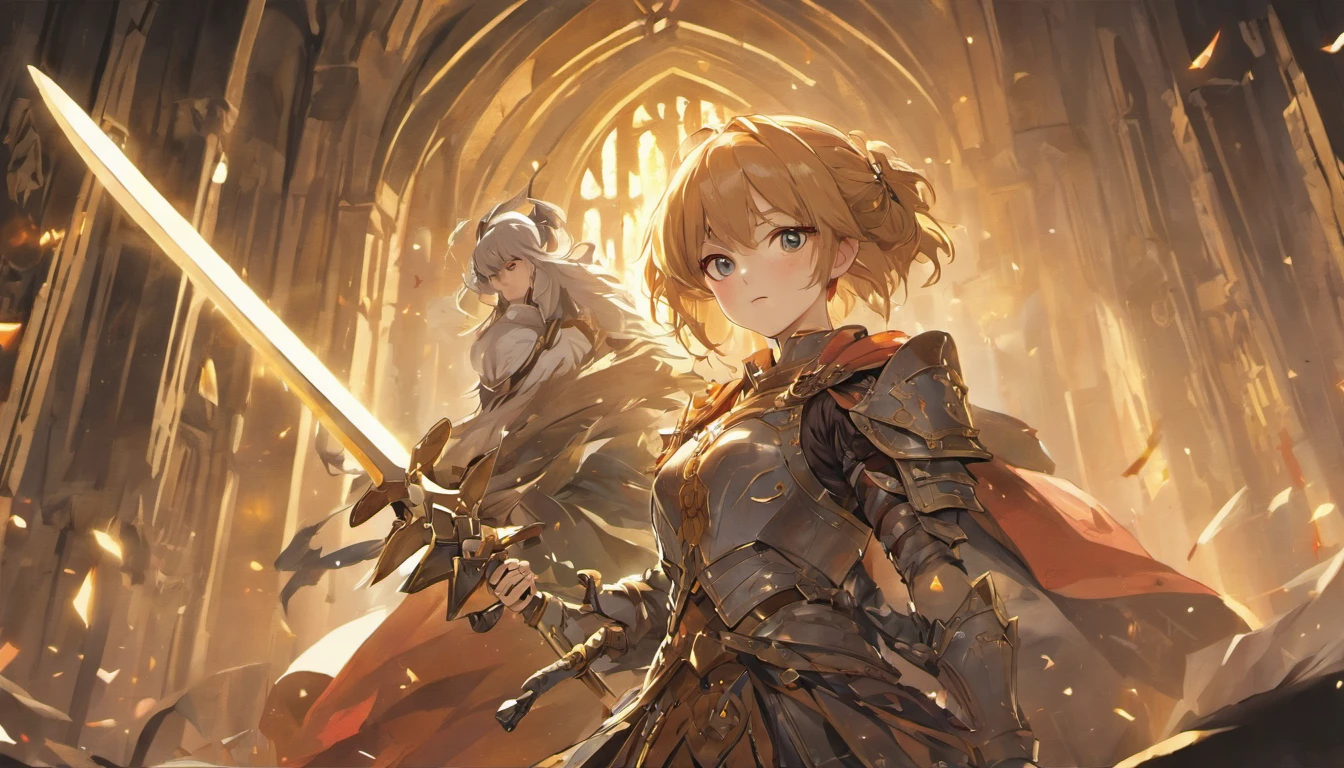 (best quality,4k,8k,highres,masterpiece:1.2),ultra-detailed,(realistic,photorealistic,photo-realistic:1.37),female knight,armor,shining sword,heroic pose,medieval setting,courageous expression,detailed facial features,strong build,elegant helmet,majestic cape,golden embellishments,vivid colors,dramatic lighting,warrior,defending a castle,brave knight on horseback,battle scene,castle in the background,strategically placed flags,honor,loyalty,valor,heroism