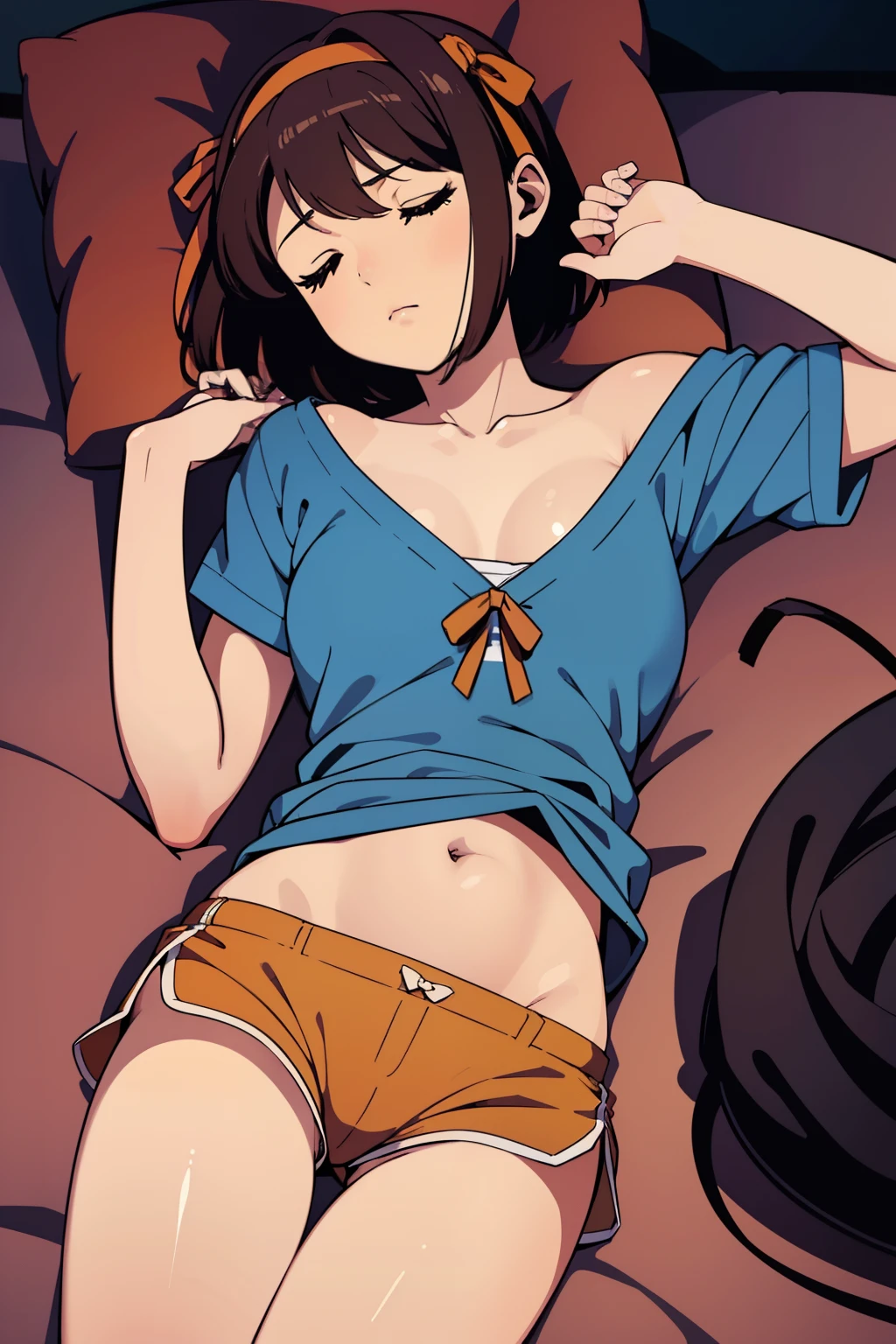 hight resolution、masterpiece、1girl in、Suzumiya Haruhi、Brown hair、Sleeping on your back in bed、s asleep、Eyes closed、a navel、s Pajamas、Loose shorts、A slender、skinny thigh、Short hair、Hair Ribbon、barechested