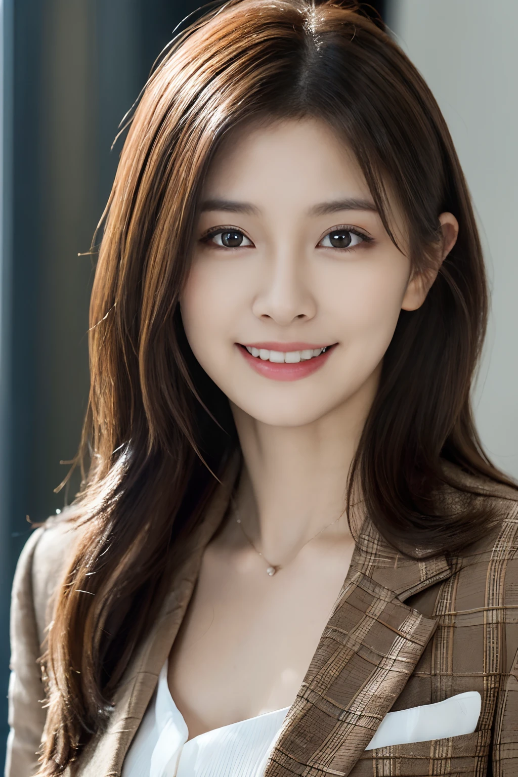 masutepiece, Best Quality, Photorealistic, Ultra-detailed, finely detail, High resolution, 8K Wallpaper, 1 beautiful woman,, light brown messy hair, in a business suit, foco nítido, Perfect dynamic composition, Beautiful detailed eyes, detailed hairs, Detailed realistic skin texture, Smiling, Close-up portrait, Model body type