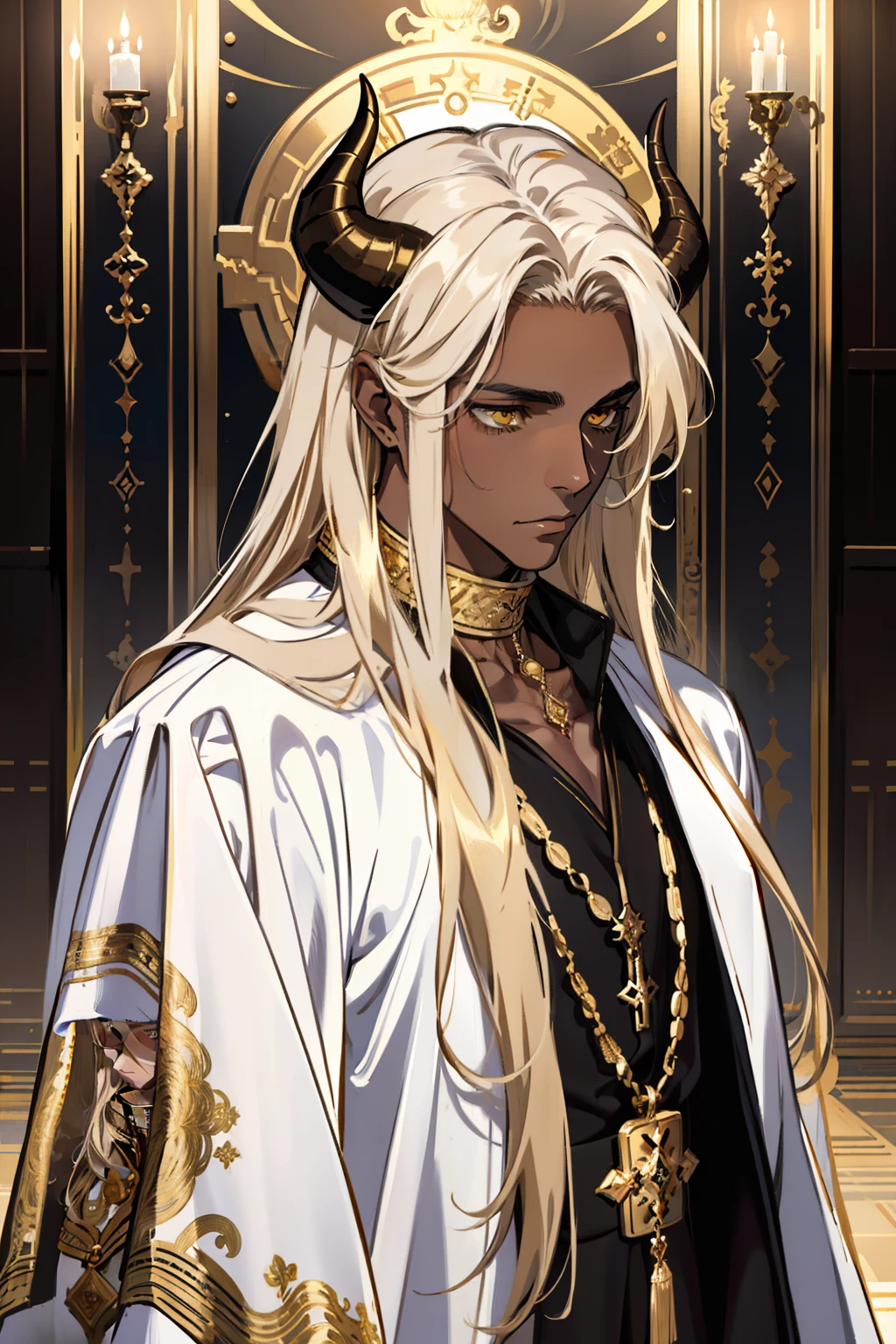 1 male, solo, masterpiece, best quality, (solemn, looking back:1.0), (sandy hair, long hair, fluffy hair:1.0), golden eyes, dark skin, black skin, (nude, wrapped in gold chains), collar, animal collar, steel collar, bedroom, Middle Ages, fantasy, (long brown bull horns)