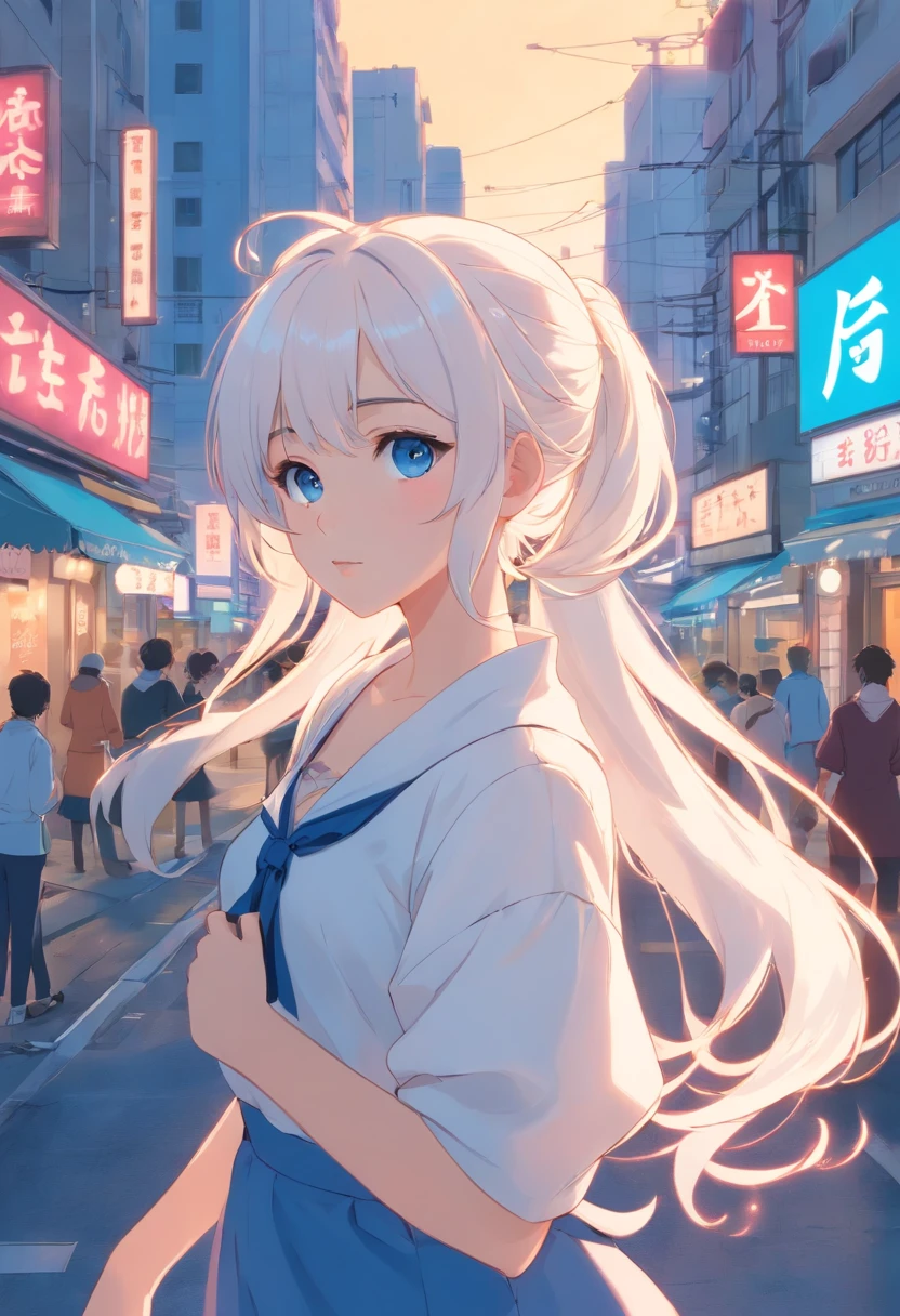 White color hair,Double ponytail curls,blue color eyes,White Lolita,Beth,A bustling city street