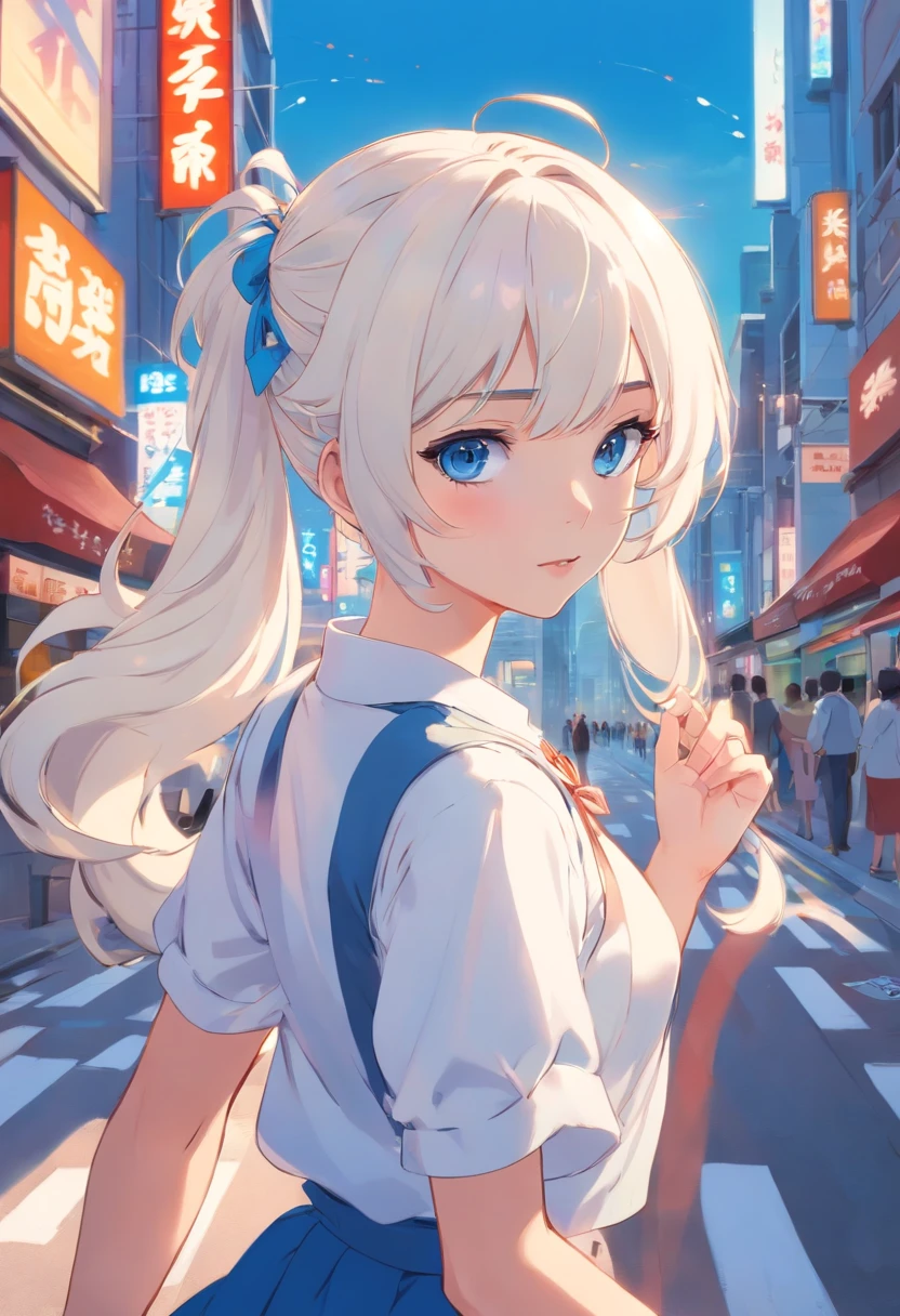 White color hair，Double ponytail curls，blue color eyes，White Lolita，Beth，A bustling city street