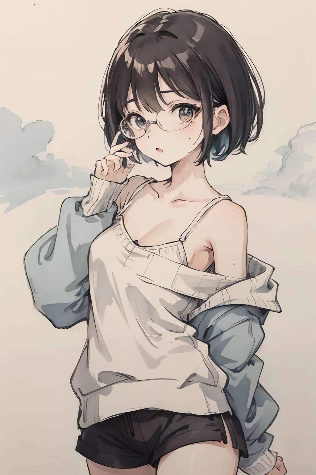 （tmasterpiece，best qualtiy：1.2），ink and watercolor painting，girl with、Light blue knitted sweater、bob cuts、It's wet、I'm embarrassed、eye glasses、off shoulders、Turn around