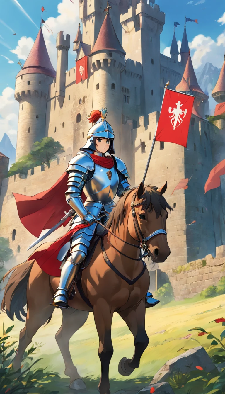(best quality,4k,8k,highres,masterpiece:1.2),ultra-detailed,(realistic,photorealistic,photo-realistic:1.37),female knight,armor,shining sword,heroic pose,medieval setting,courageous expression,detailed facial features,strong build,elegant helmet,majestic cape,golden embellishments,vivid colors,dramatic lighting,warrior,defending a castle,brave knight on horseback,battle scene,castle in the background,strategically placed flags,honor,loyalty,valor,heroism